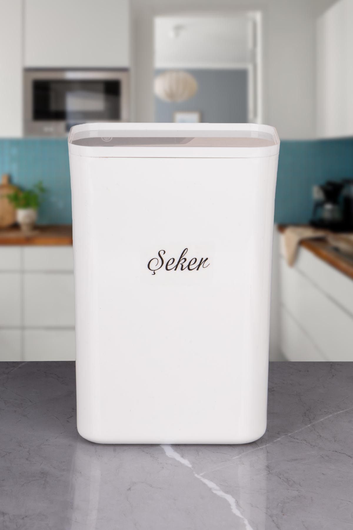 naturelove Tekli Beyaz ŞEKER Erzak Saklama Kutusu Vakumlu Kapaklı 3 LT Akrilik Etiketli