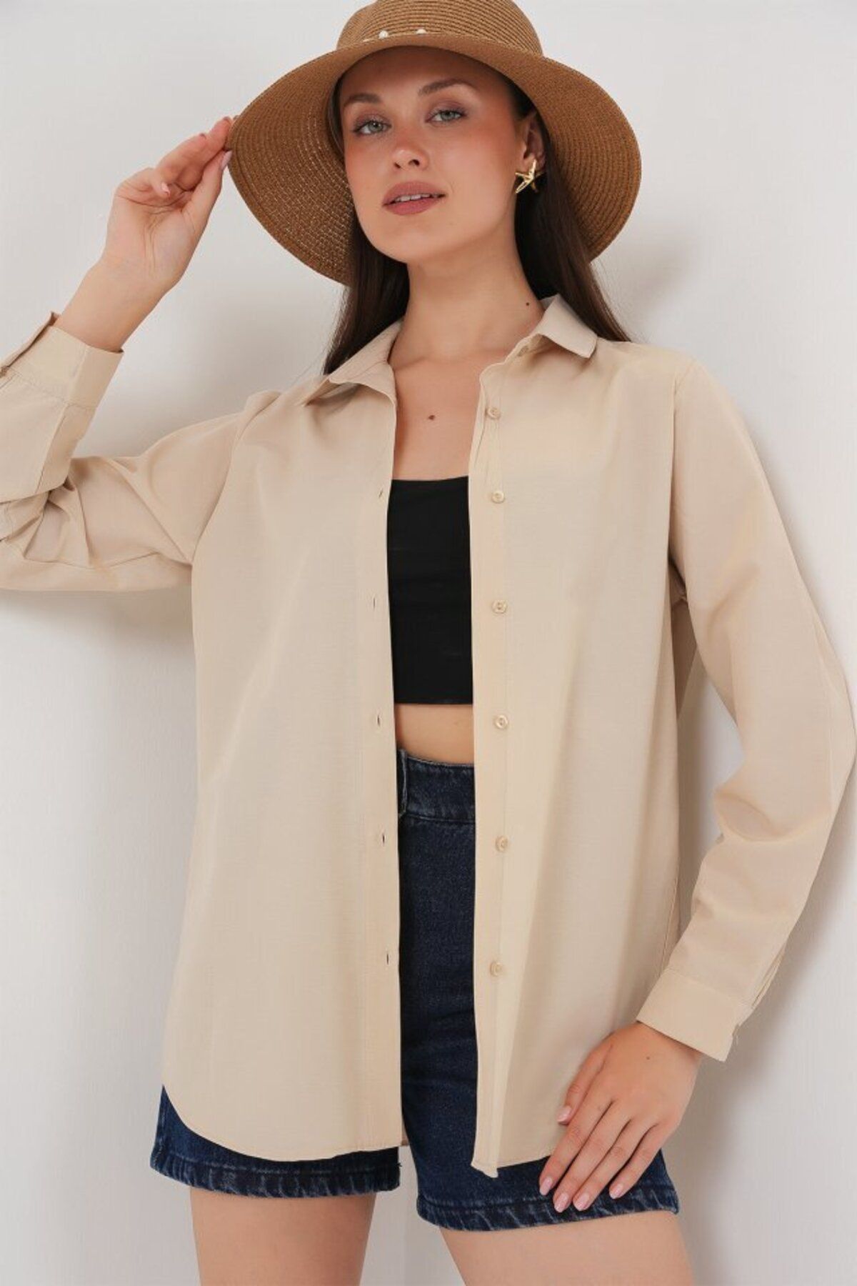 D&M Life Collection Uzun Kol Basic Gömlek 20279 - Bej - 44
