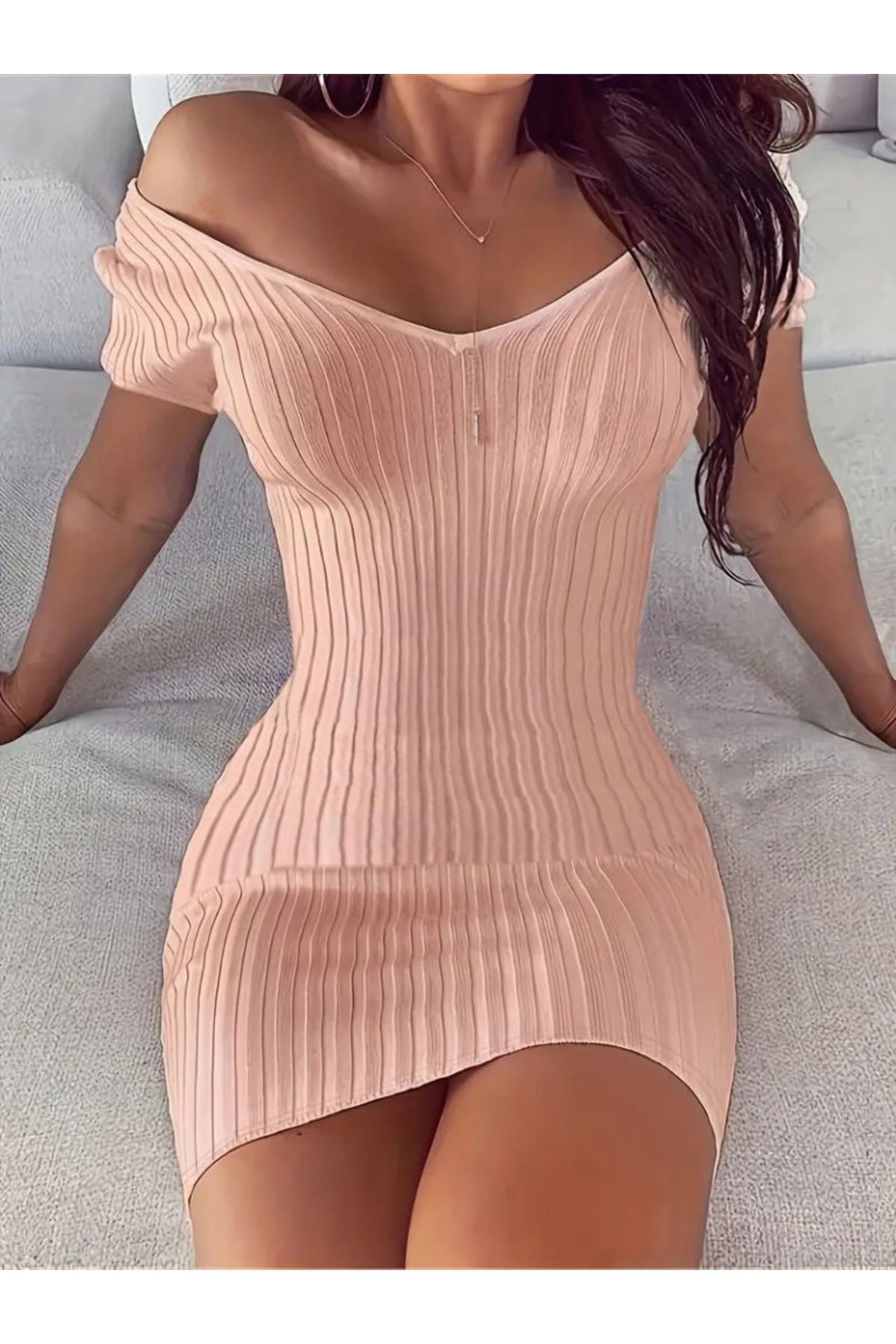D&M Life Collection Kadın Kısa Kollu V Yaka Fitilli Triko Elbise