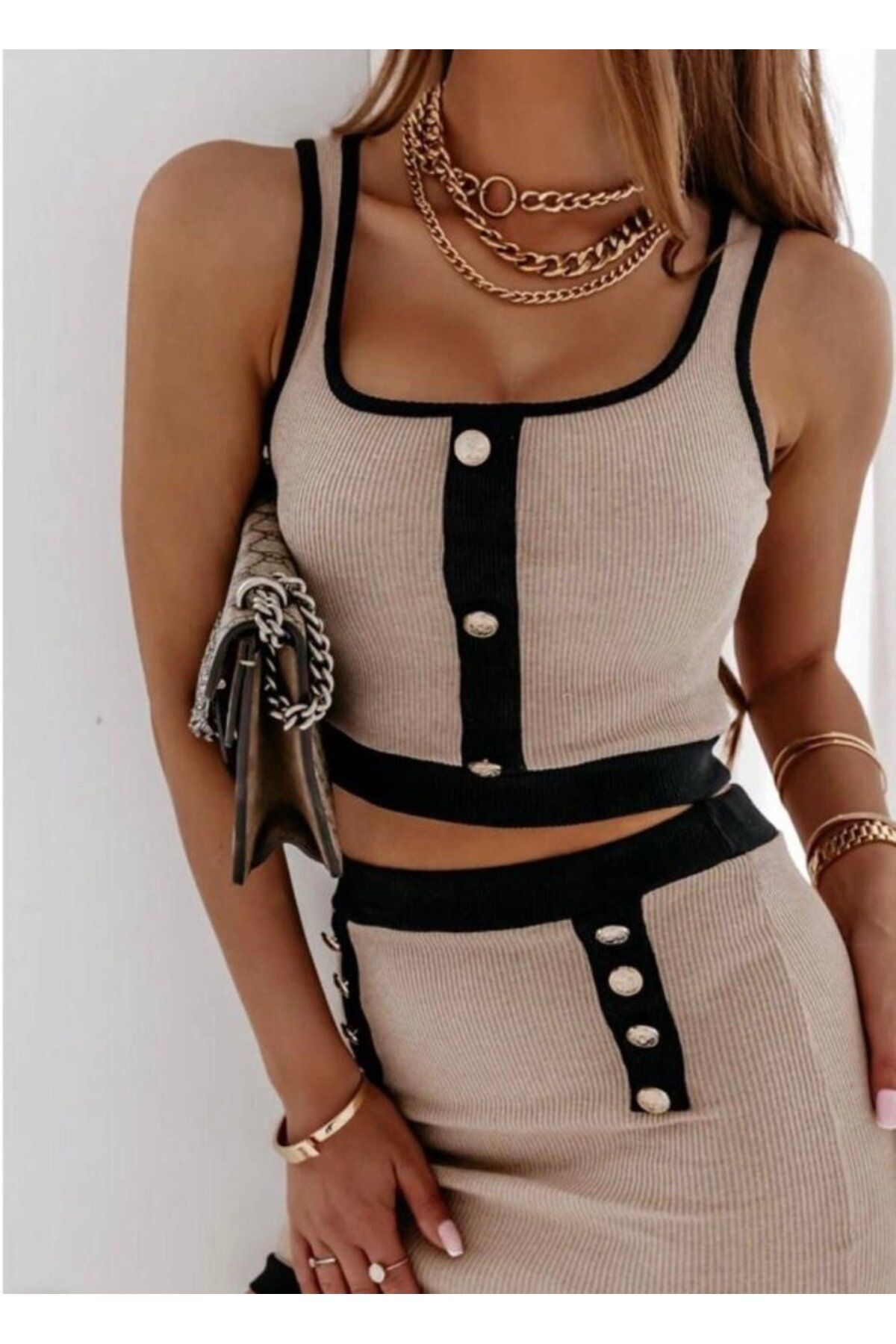D&M Life Collection Kadın Kaşkorse Kumaş Düğme Detaylı Takım