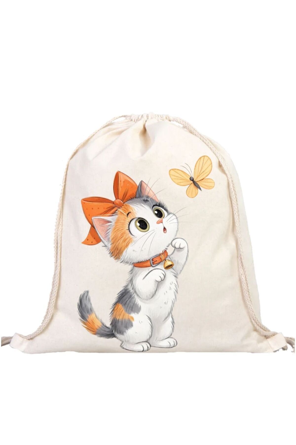 ÇANTA Kelebek ve Kedi - Fiyonklu Sevimli Kedi Büzgülü Çanta
