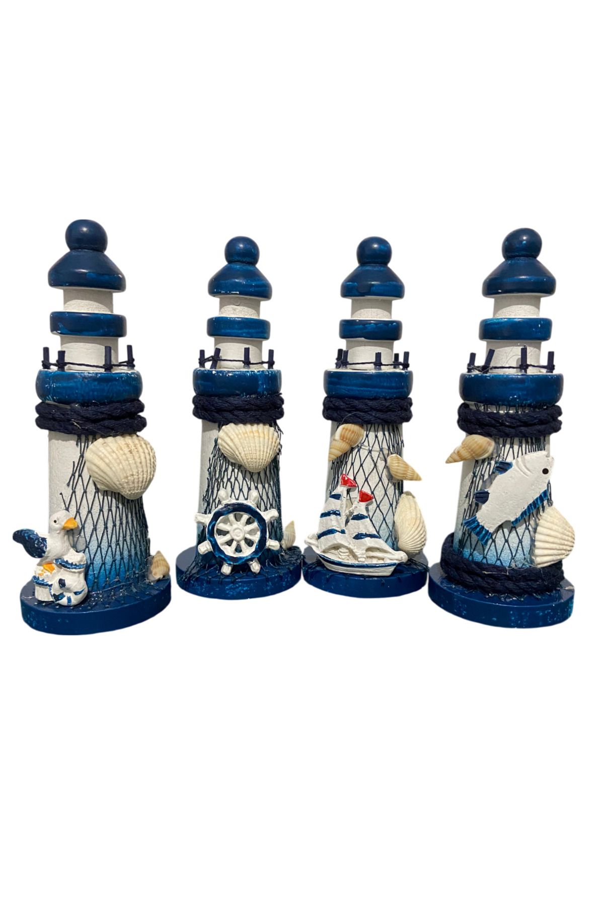 Lueeci 4'lü Mini Ahşap Deniz Feneri Masaüstü Süs 13x5 cm