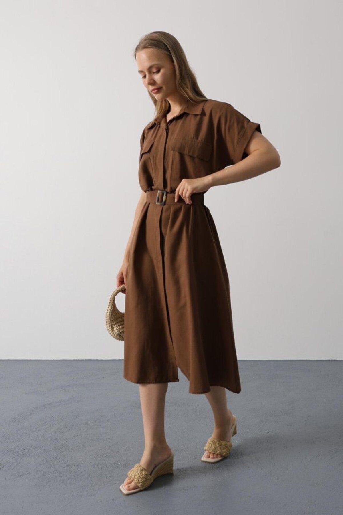 D&M Life Collection Kuşaklı Cep Detaylı Yarım Kol Elbise - Kahve - L