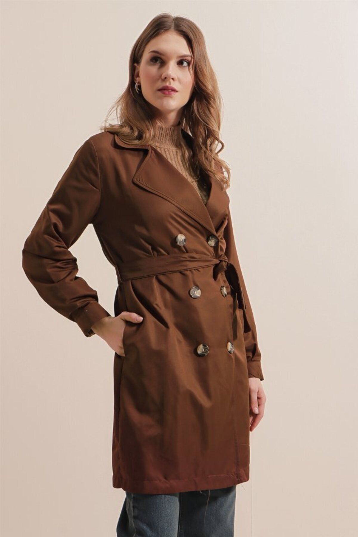 D&M Life Collection 5864 Kruvaze Yaka Kısa Trençkot - Kahverengi