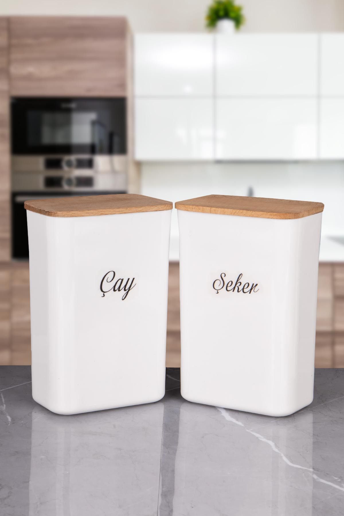 naturelove 2'Li Beyaz Çay - Şeker ve Erzak Saklama Kutusu Ahşap Vakumlu Kapaklı 3 LT Akrilik Etiketli