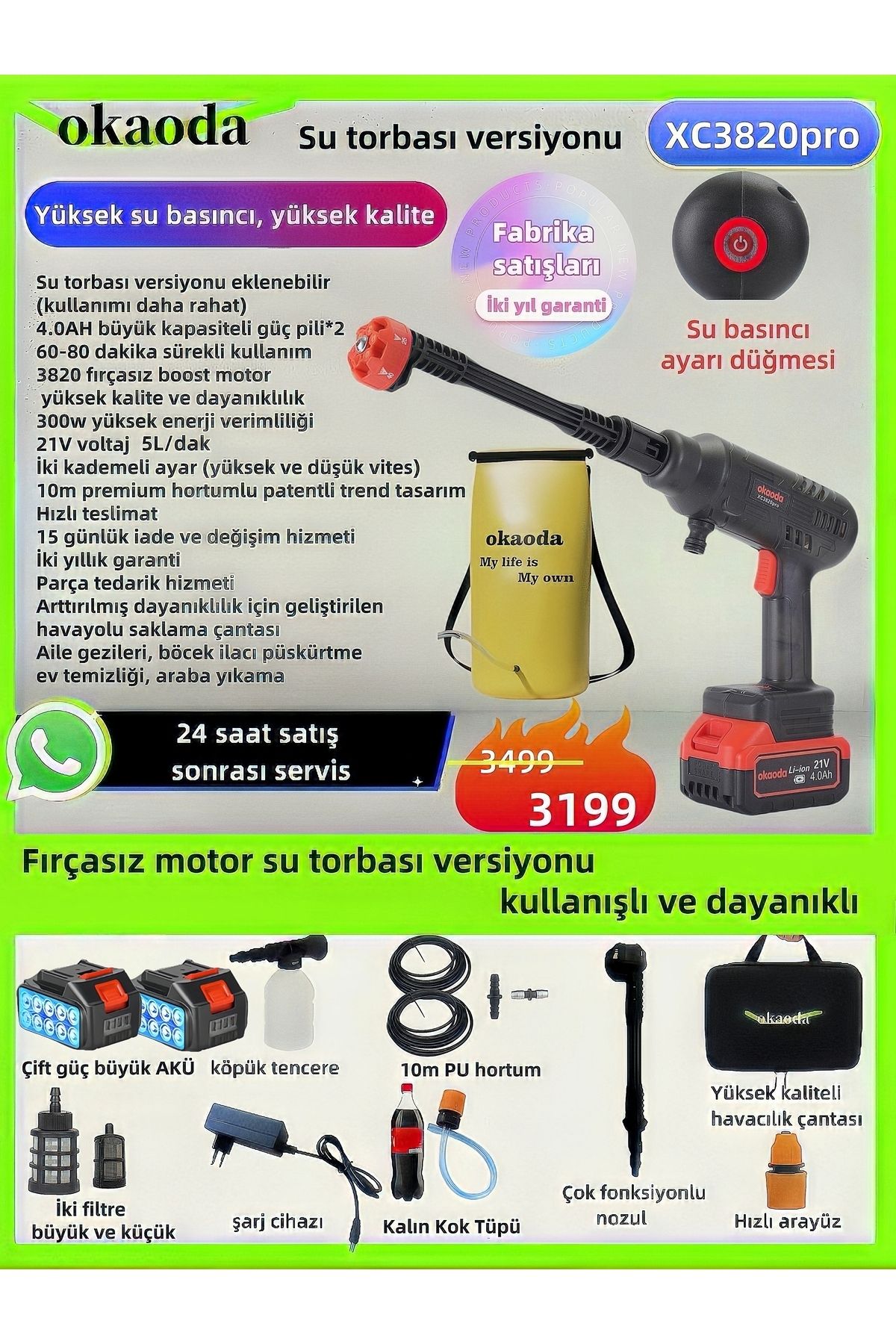 AboutThePerfect Yüksek Basınçlı 60Bar Kömürsüz Su Torbası, Çok Amaçlı Temizlik ve Bakım Aracı