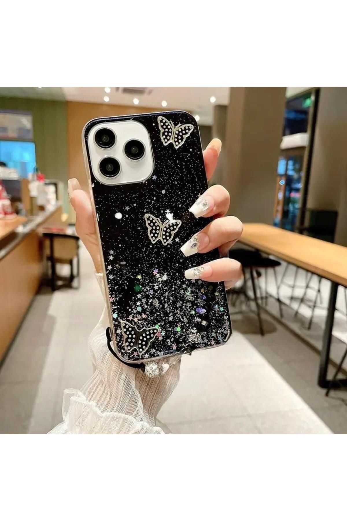 Rivor Realme C53 Uyumlu Kılıf Kamera Çıkıntılı Simli Kelebek Kabartmalı Desenli İnce Premium Kapak