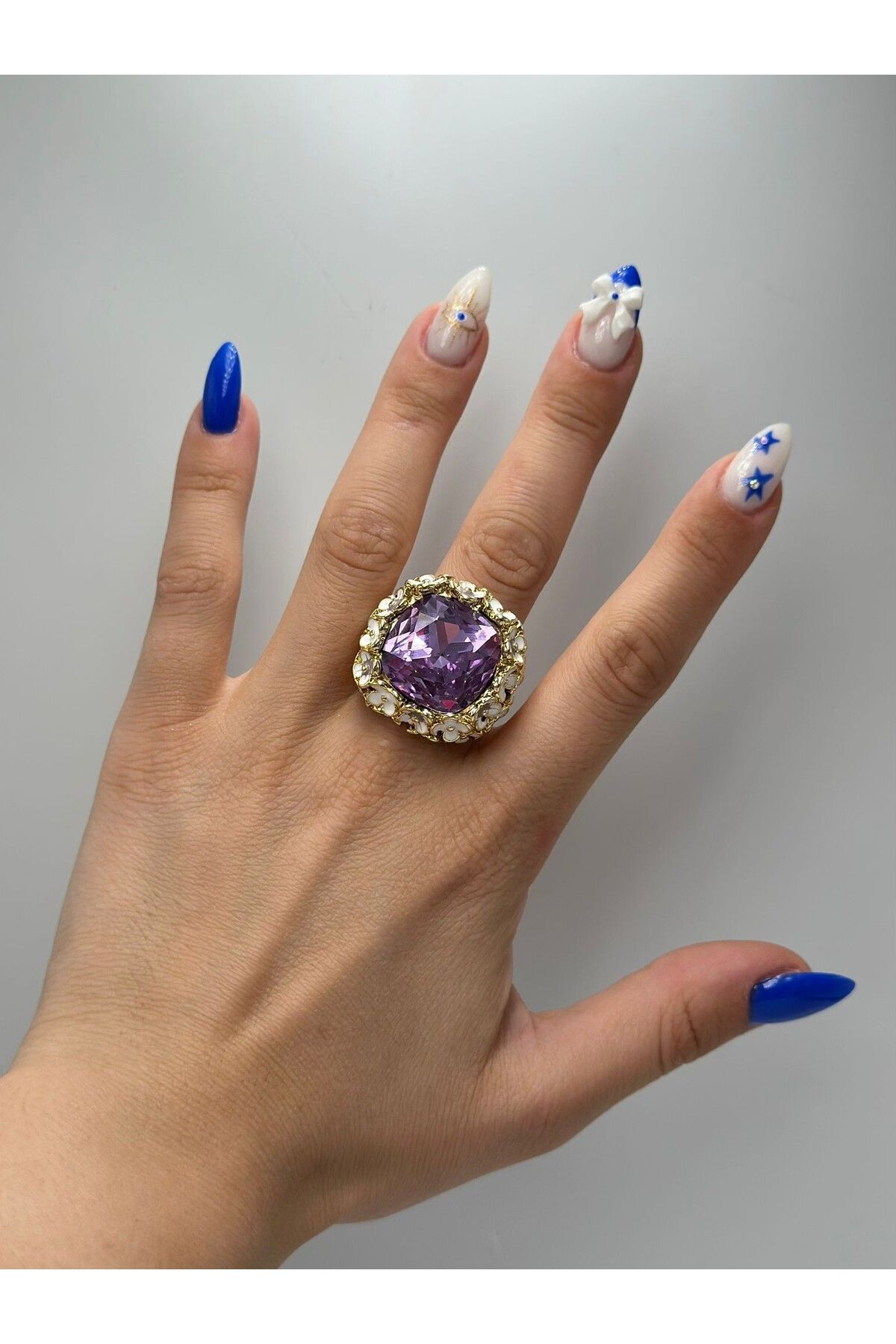 MyladyAccessoriess 14K Altın Kaplama Mor Kristal Taş Ve Çiçek Detay Yüzük