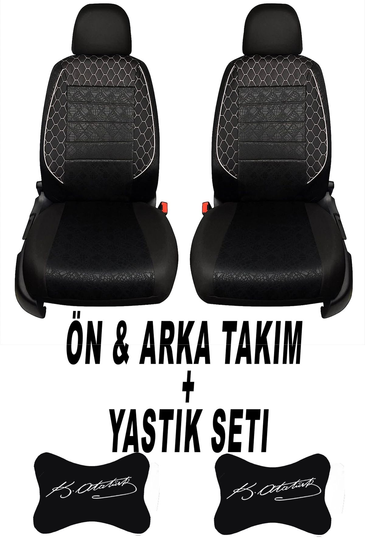 1araba1ev Oto Koltuk Kılıfı Atatürk İmza Ön Arka Takım + 2 Adet Boyun Yastığı Seti