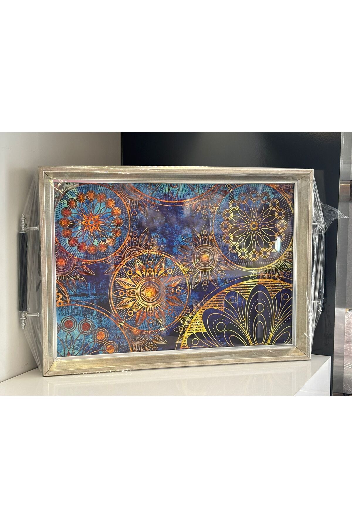 BELLO ART Desenli Gümüş Kenarlı Tepsi