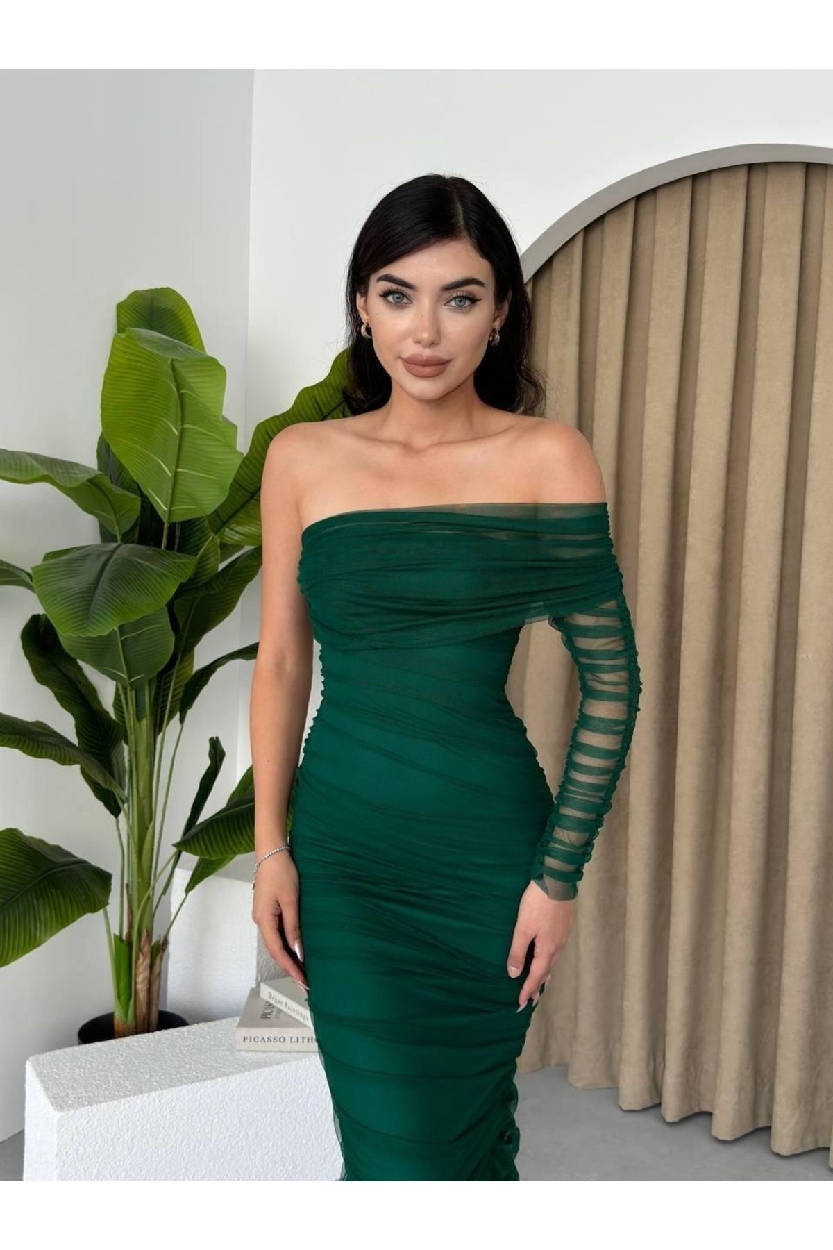 D&M Life Collection Polack Tek Omuz Tül Elbise