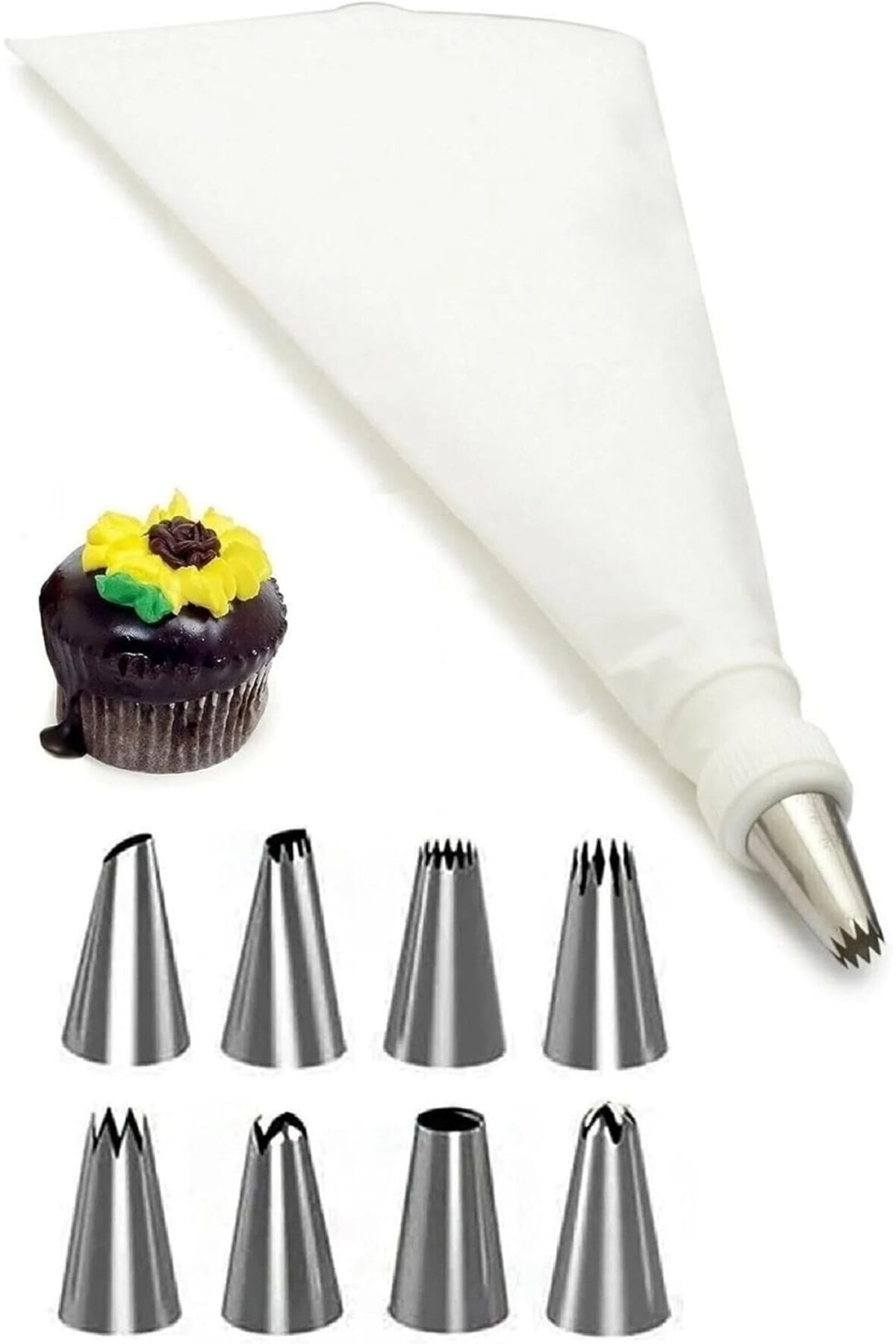 yenibagshop 10 Parça Krema Sıkma Torbası Seti, 9 Paslanmaz Çelik Uçlu, Pasta ve Kek Süsleme Kit