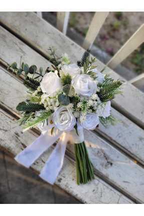 Buketlife Yeşil beyaz gelinbuketi gelinçiçeği ve yakaçiçeği