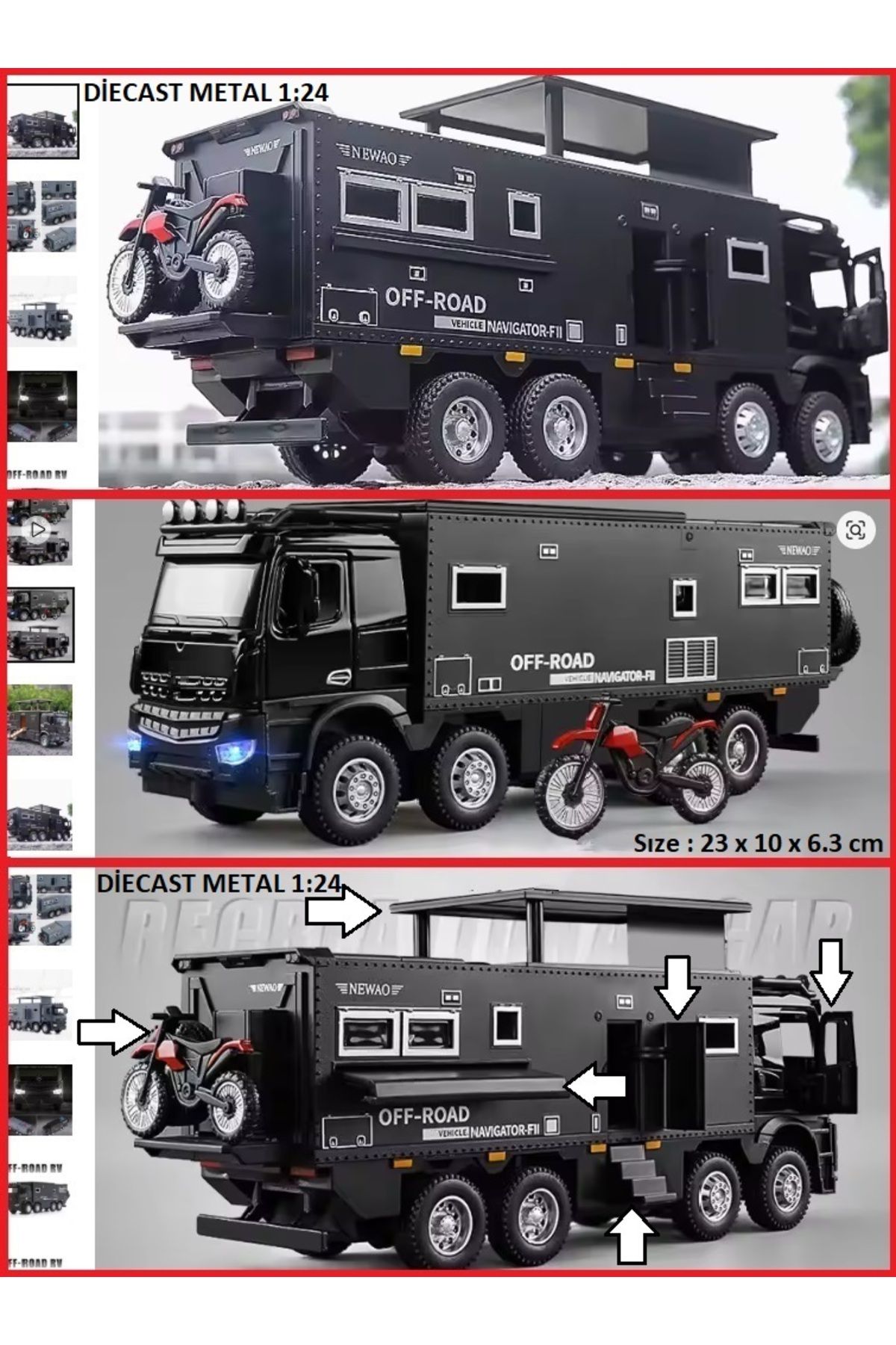 OYUNCAKSAHİLİ KARAVAN DİECAST METAL SEYAHAT KAMYON KAPI TAVAN MERDİVEN AÇILIR IŞIKLI SESLİ DEMİR MODEL