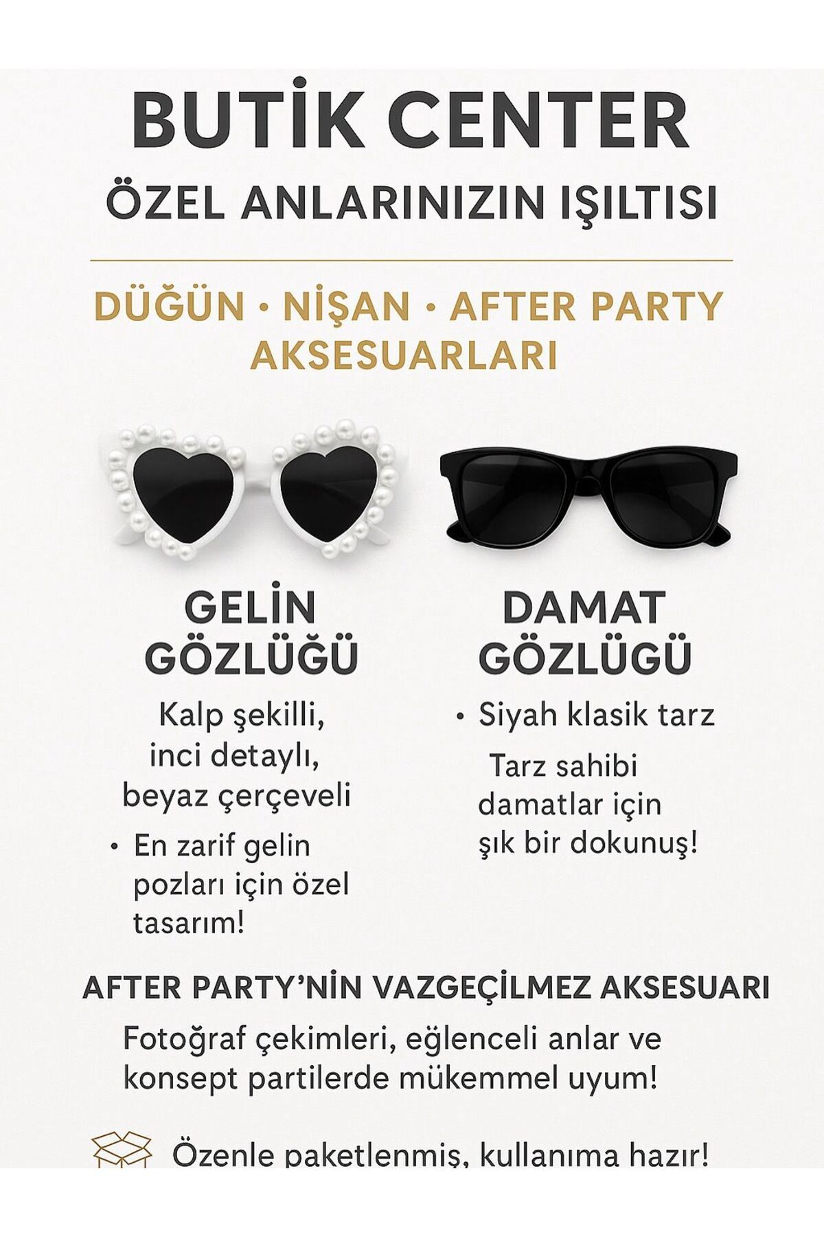 Butik Center BUTİK CENTER BEYAZ İNCİLİ KALPLİ & SİYAH Gözlük Parti Gözlüğü 2 Adet
