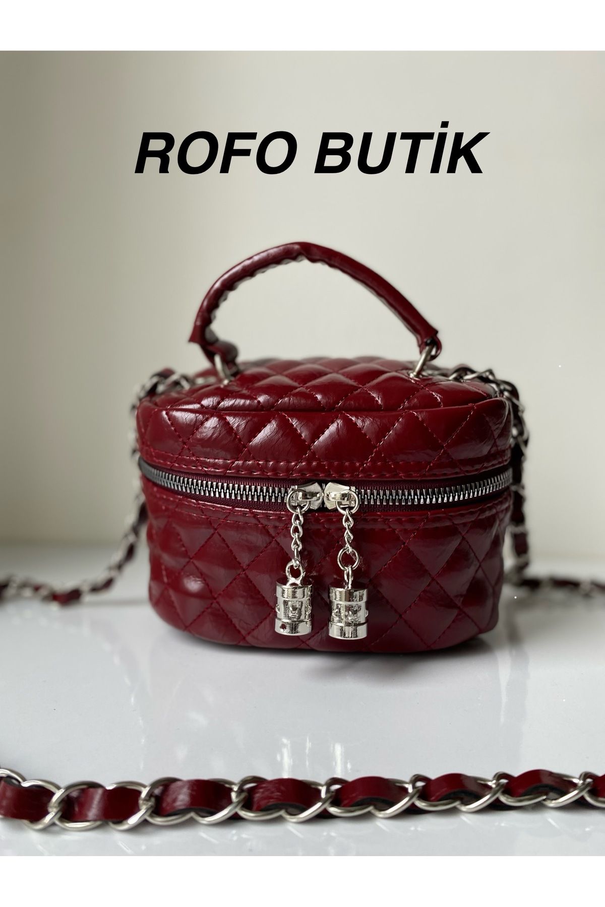 RBH Rofo Butik Parlak Mini Kutu Zincir Askılı Fermuar Kapamalı Kadın El Ve Omuz Çanta Luna Bordo