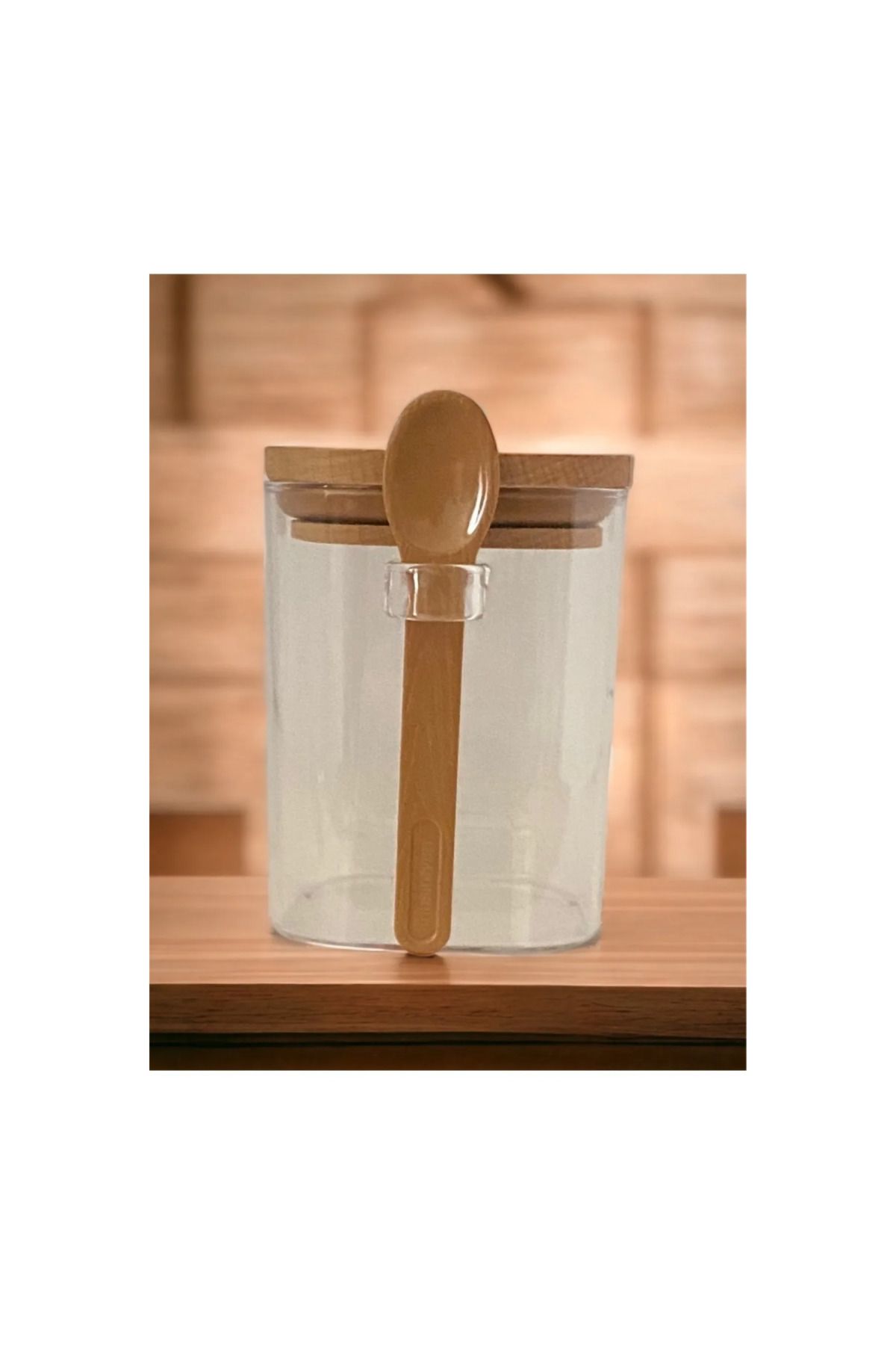 maarketim Kare Bambu Kapaklı Kaşıklı kristal plastik Baharat Saklama Kabı 500ml ( 1 adet )