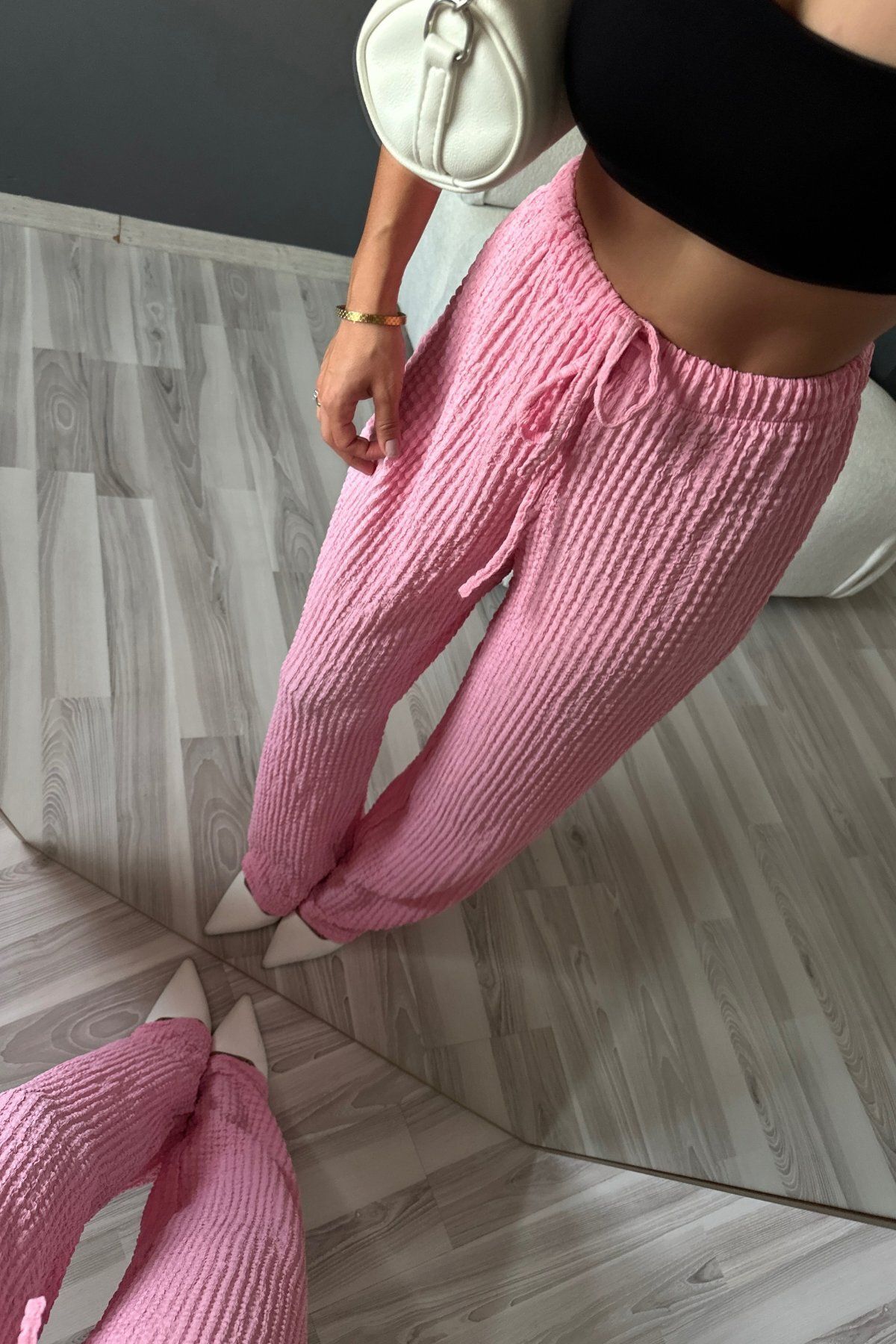 OYYOMODA PREMIUM BÜRÜMCÜK GOFRE KUMAŞ ULTRA YÜKSEK BEL PEMBE PANTOLON