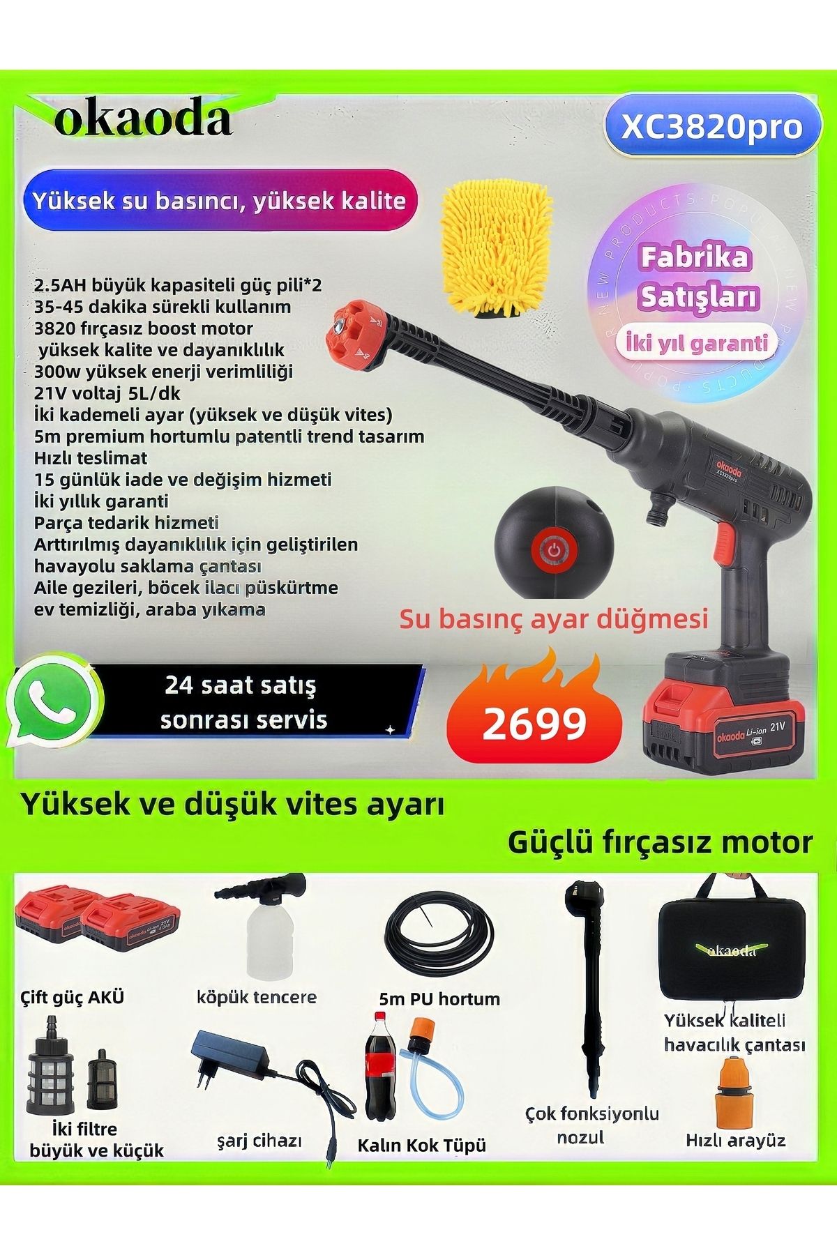 AboutThePerfect Lityum Pil Fırçasız Motor Temizleme Araba Yıkama Tabancası, Eğlenceli ve Güçlü Performans