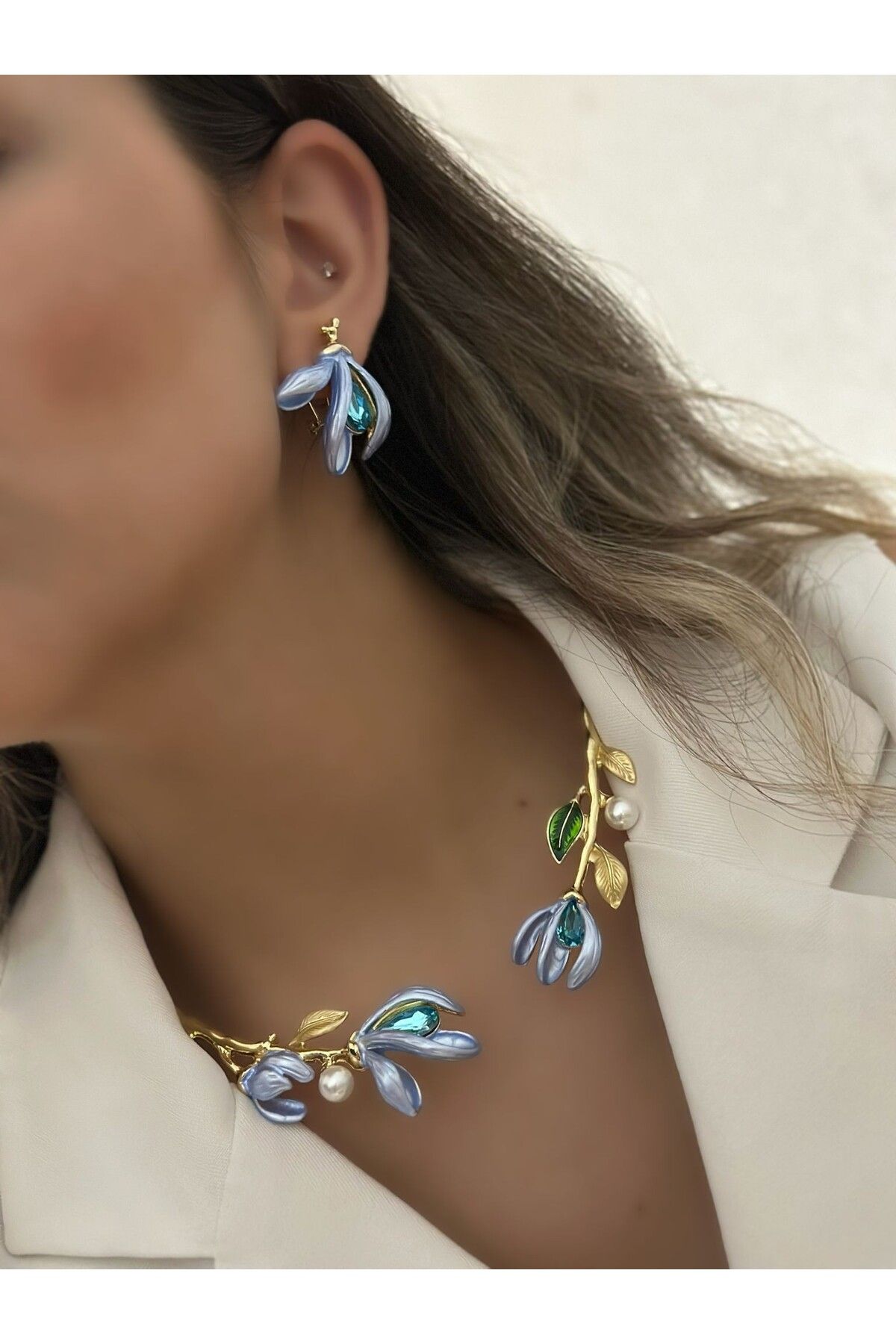 MyladyAccessoriess İnci Detay Mor Çiçek Set Takı (Altın Kaplama)