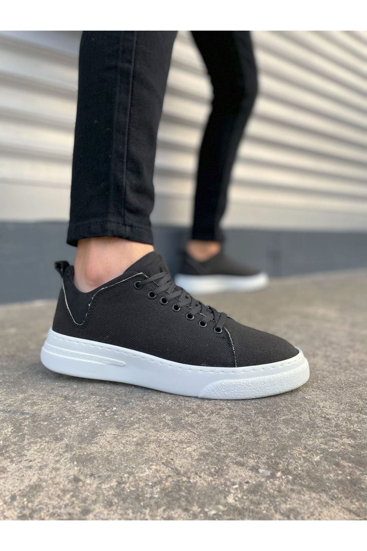 Zerenyus JY204 Flex Bağcıklı Keten Erkek Günlük Sneaker - Siyah Beyaz