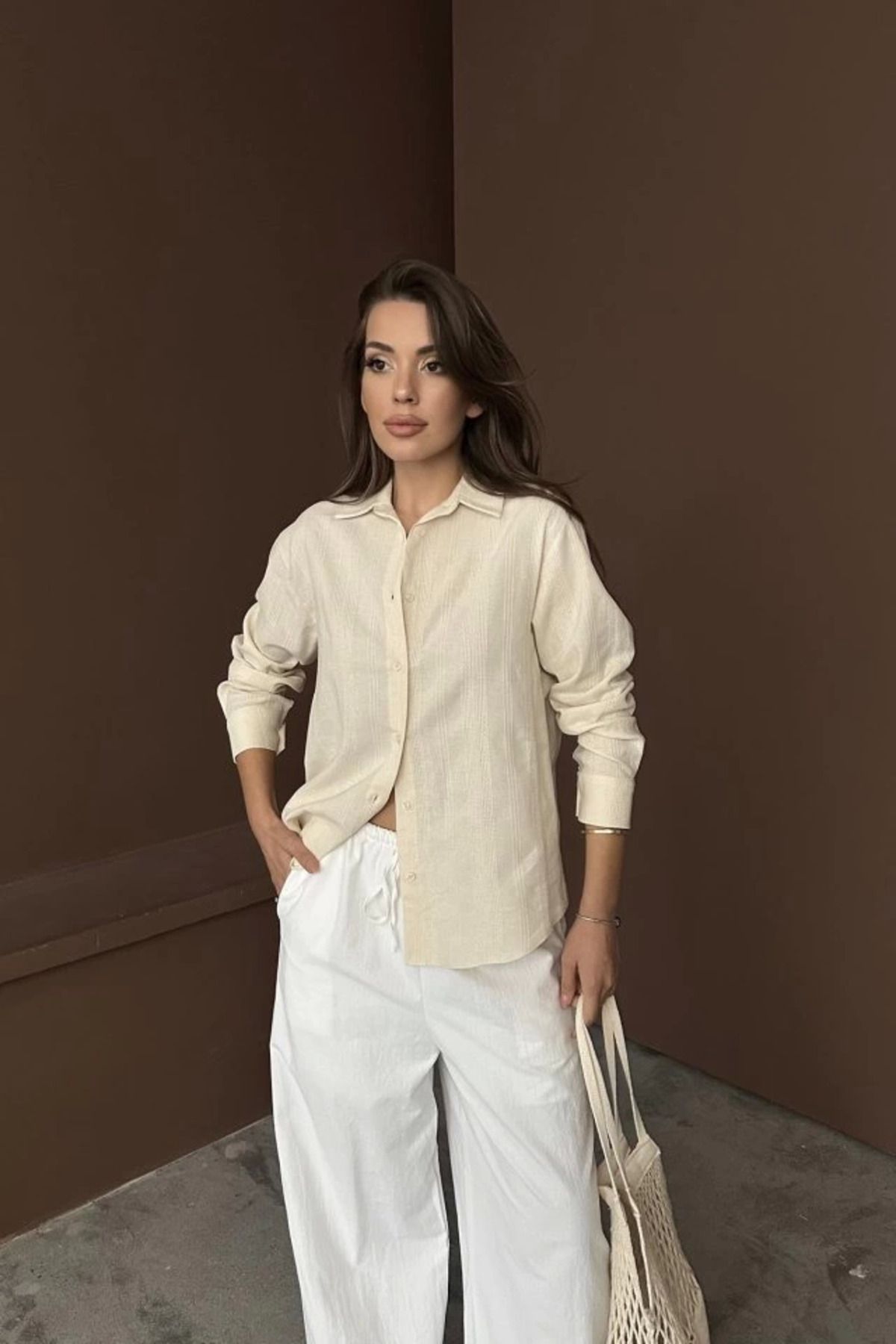 ZORM Elegant Bej Jakar Keten Gömlek
