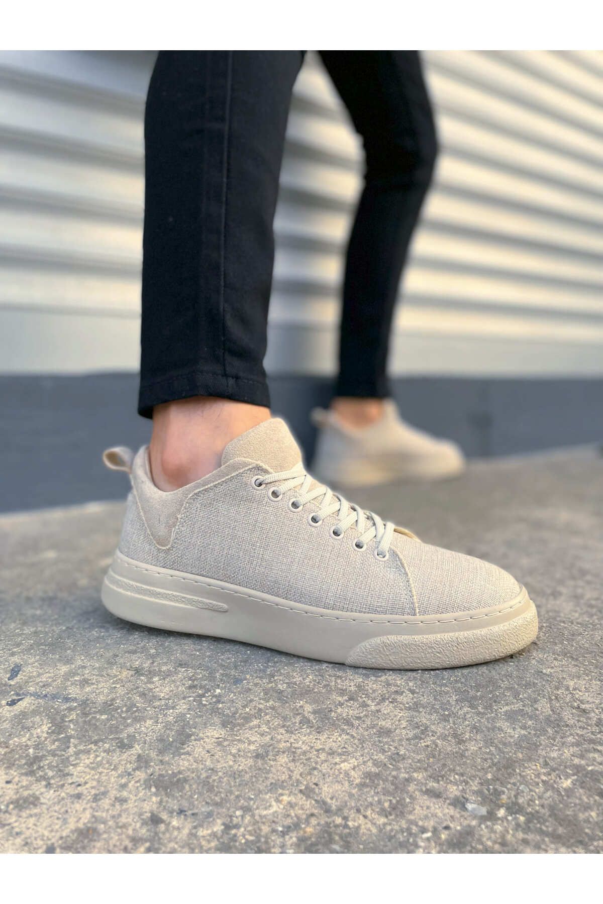 Zerenyus JY204 Flex Bağcıklı Keten Erkek Günlük Sneaker - Krem