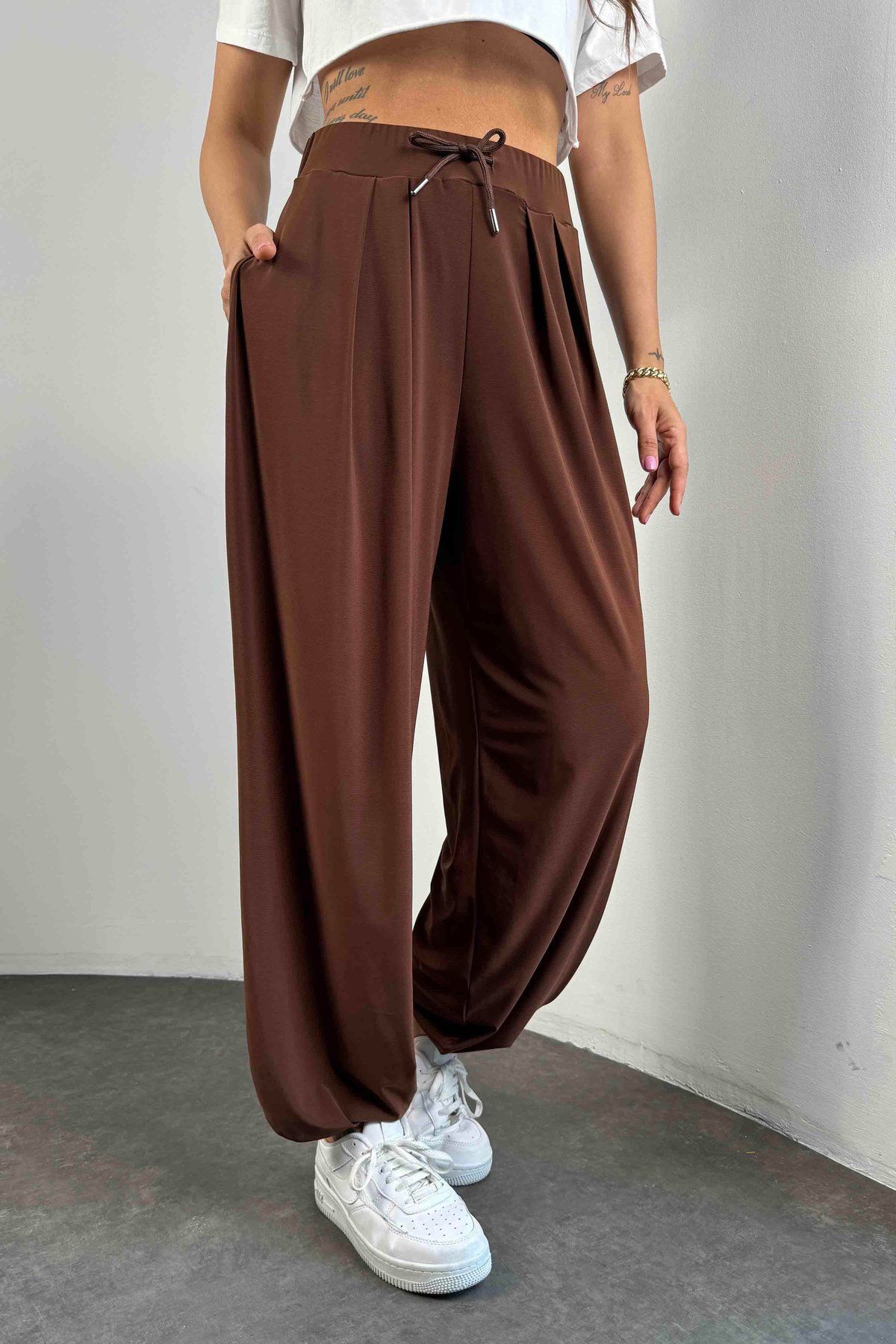 OYYOMODA MODAL KUMAŞ ŞALVAR MODELİ BELİ LASTİKLİ PREMİUM KAHVERENGİPANTOLON