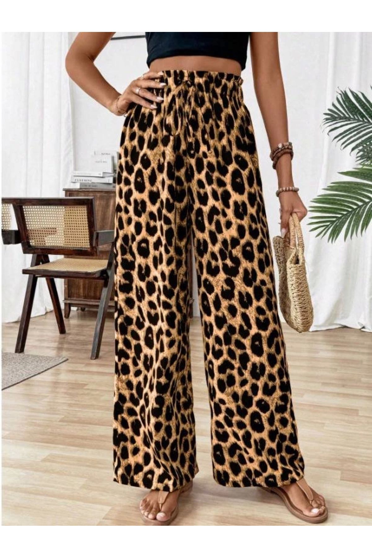 Omarı Yüksek Kaliteli Leopar Desen Beli Lastikli Kadın Pantolon