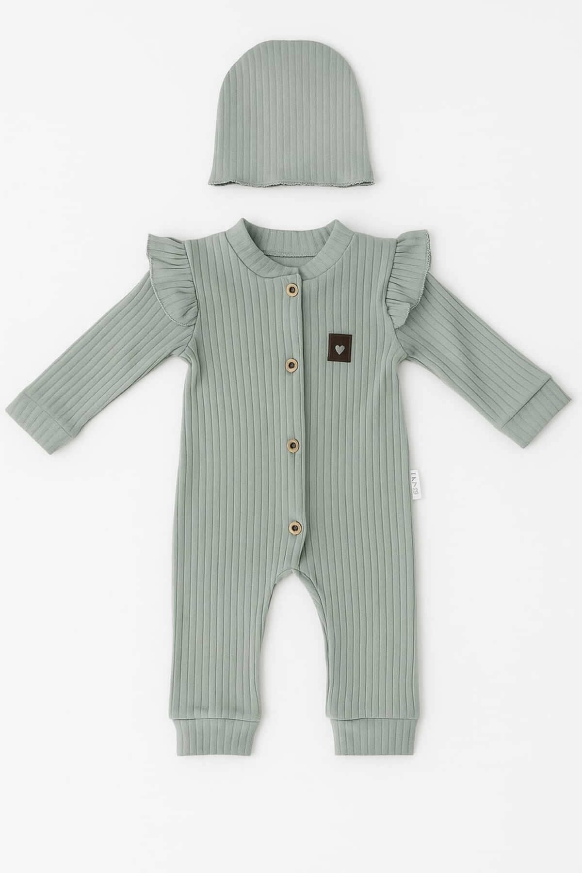 krm kerem bebe Şapkalı Düğmeli Kız Bebek Tulum