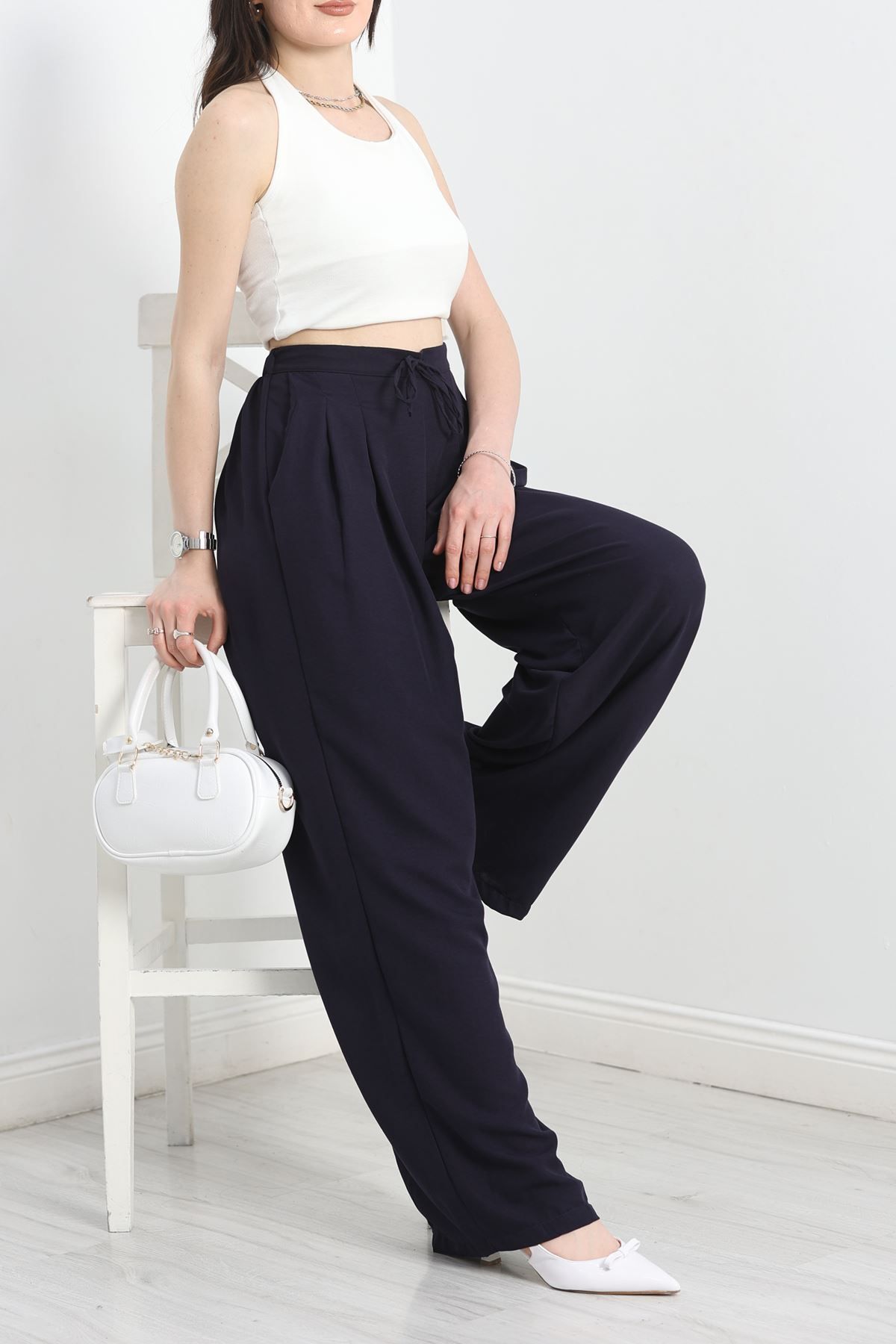 Fashi10 Beli Lastikli Bol Paça Pantolon Lacivert