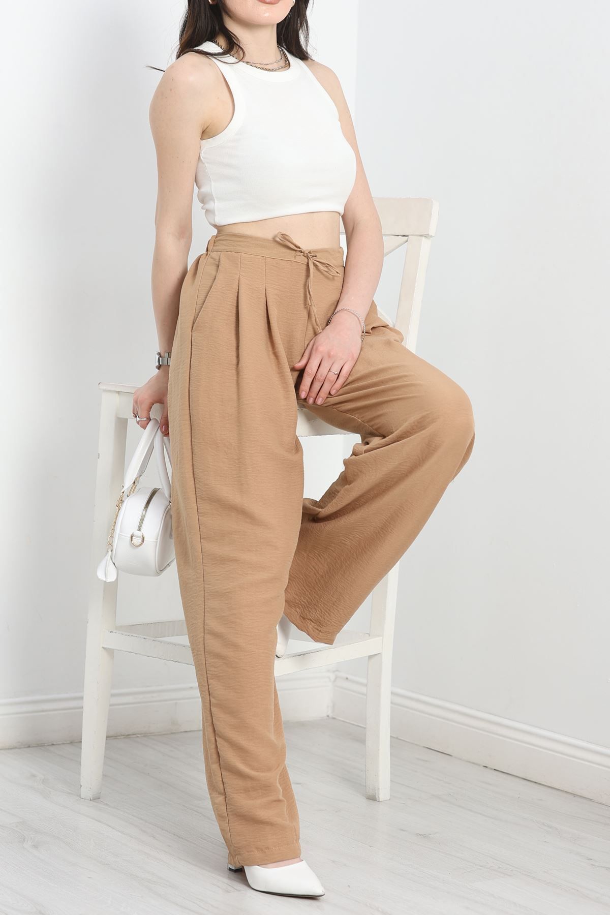 Fashi10 Beli Lastikli Bol Paça Pantolon Bej