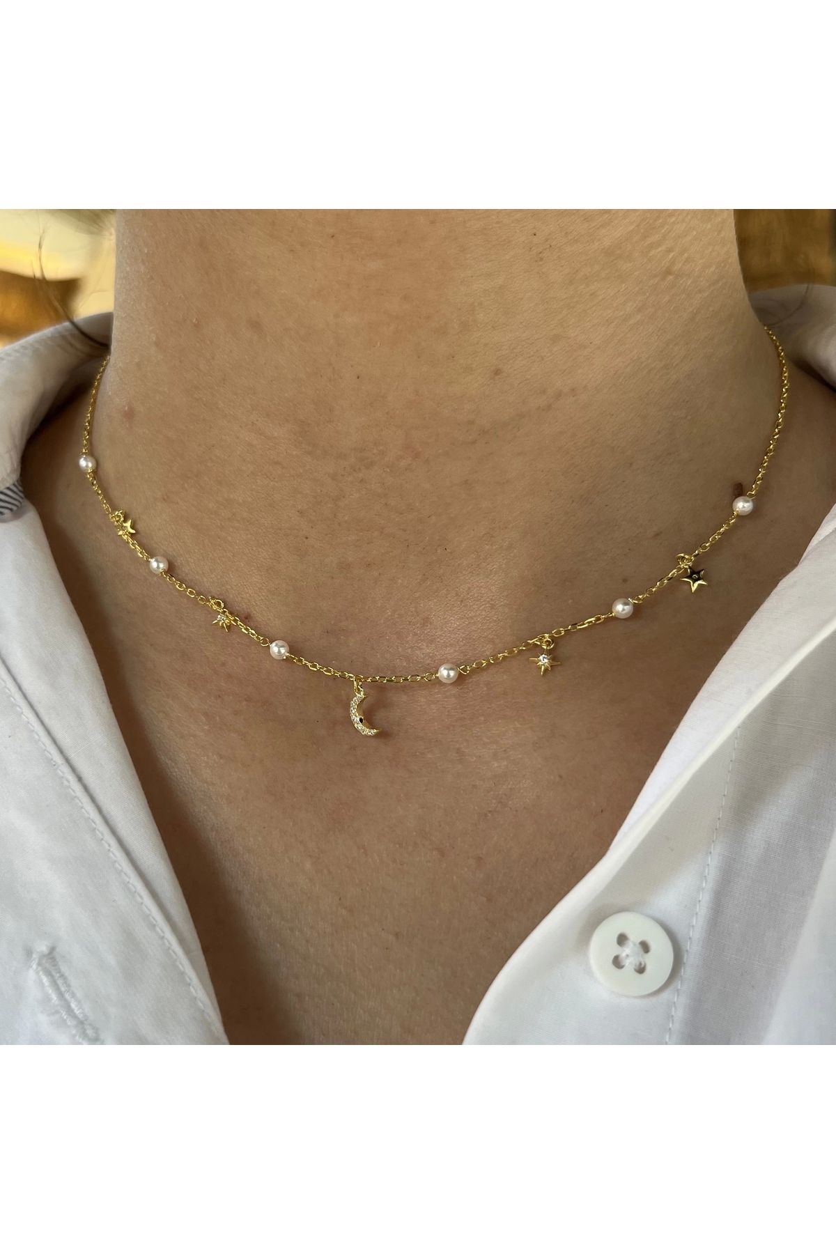 Vintagezegeni İnci ve Gökyüzü Motifli Choker Kolye I 925 Gümüş