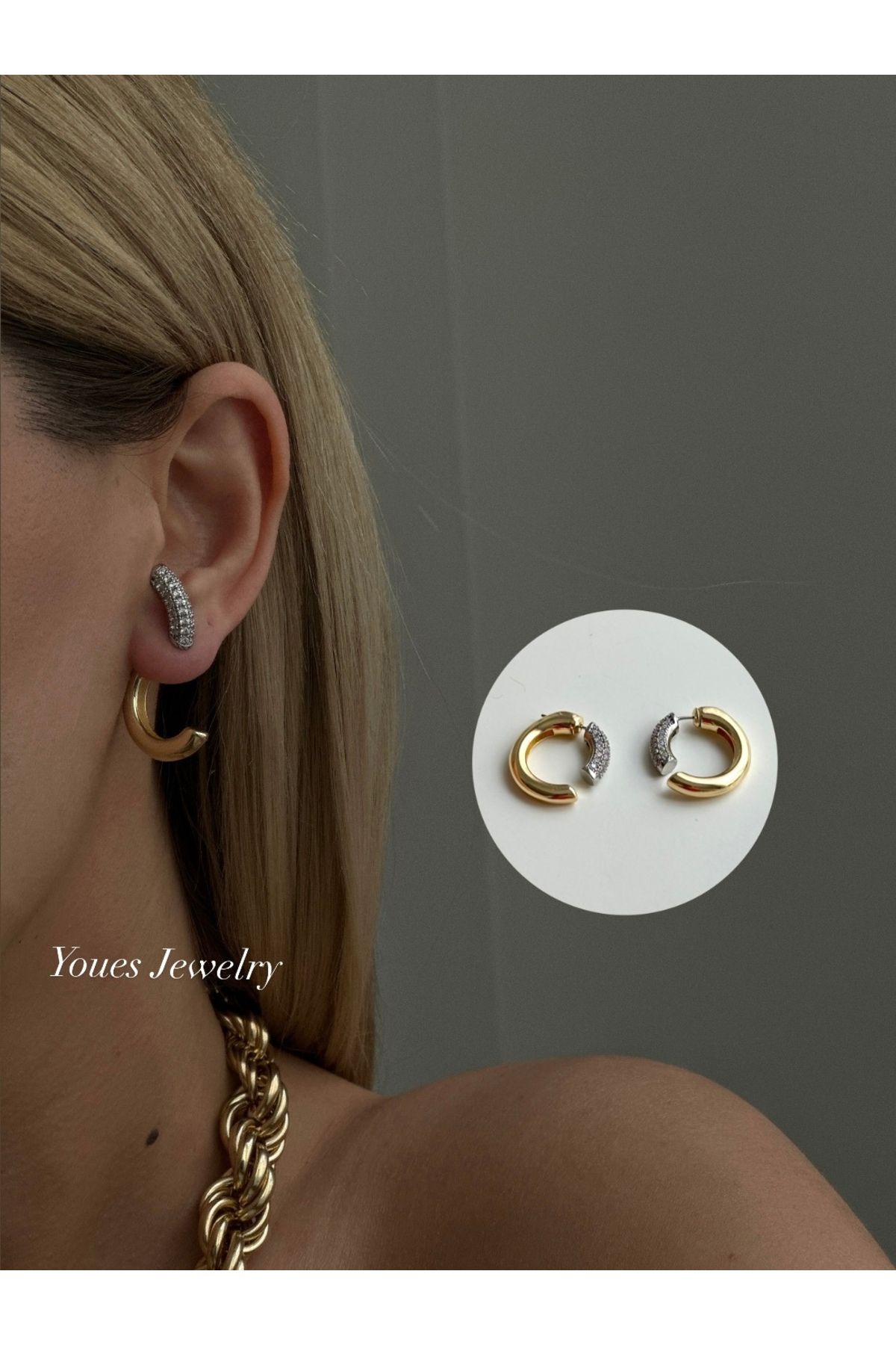 YOUES JEWELRY 316l Çelik 14 K Renk MİX Lüx Çift Renk Gold Silver VIP Seri Premium Kadın Küpe