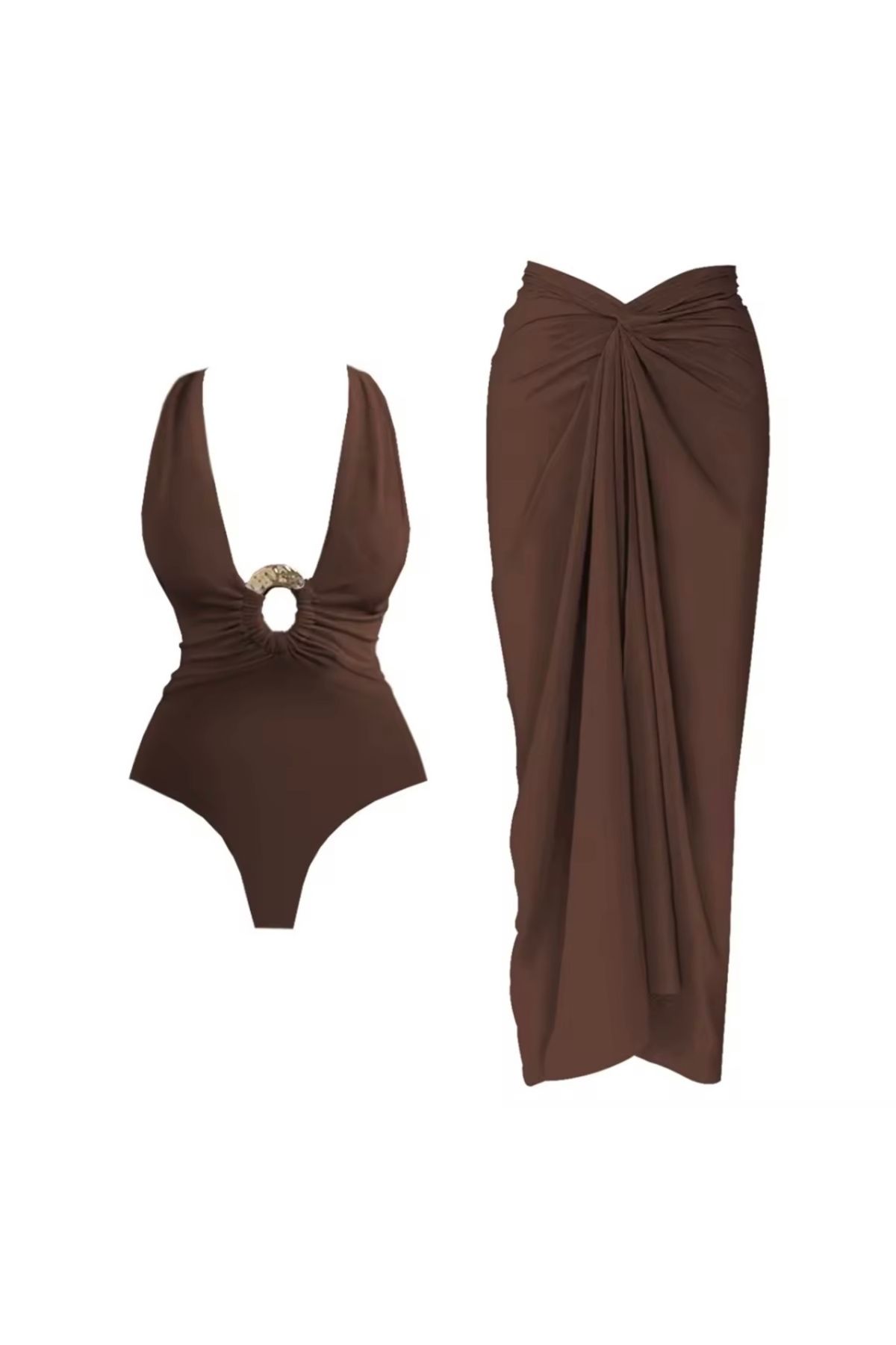 DESİGNEDBYD Yeni Kadın Metal Aksesuarlı Mayo+pareo Etek Takım 2 Parça Up Set Bodysuit Plaj Moda Beachwear