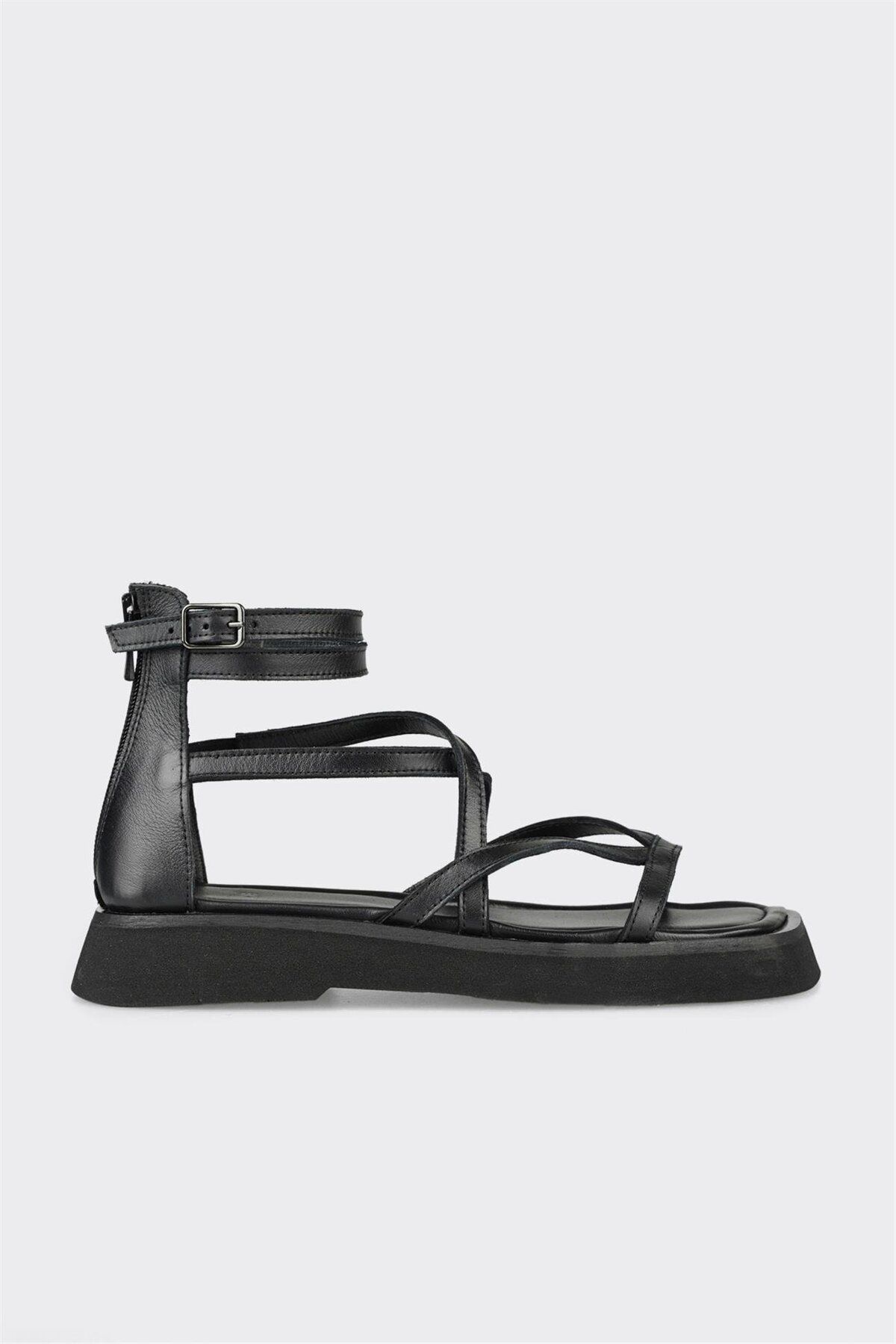 Elle Shoes Siyah Deri Kadın Düz Sandalet