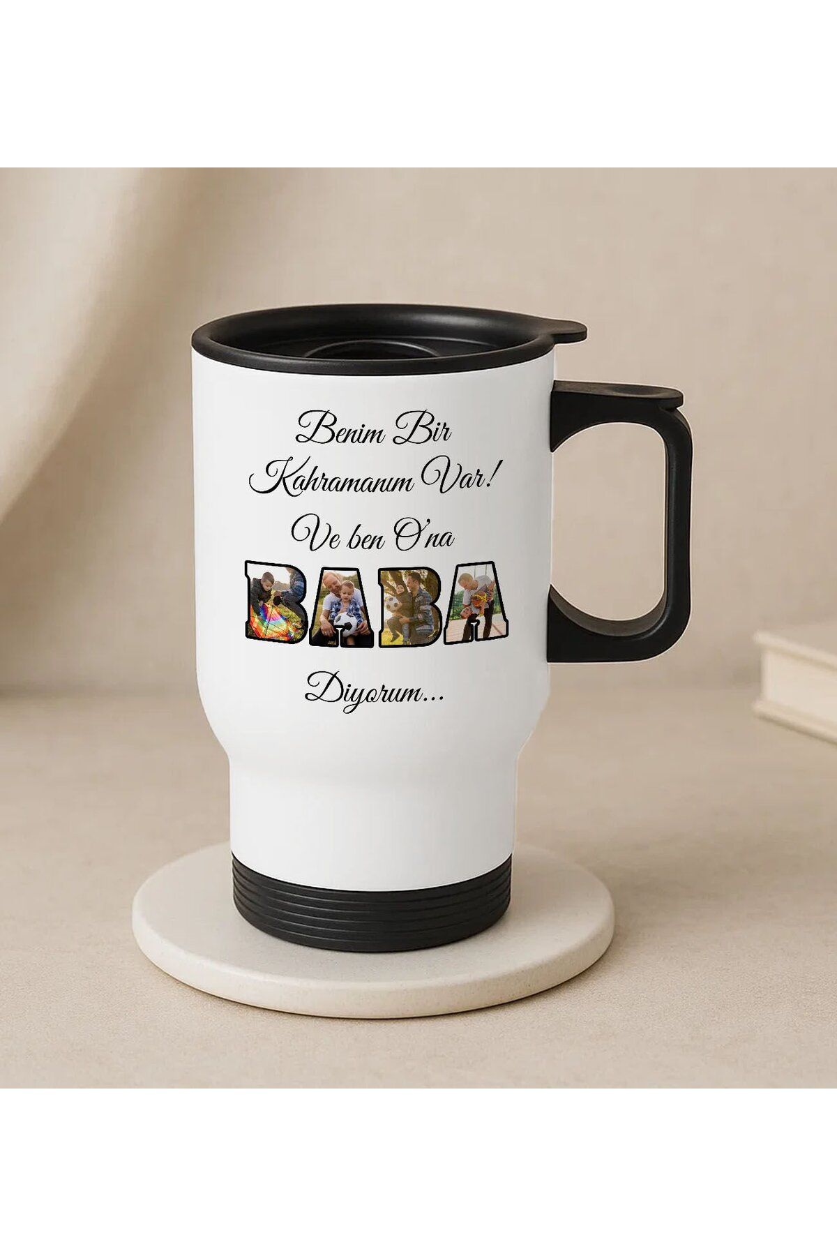 Bk Gift Kişiye Özel Fotoğraflı Babalar Günü Tasarımlı Kulplu Beyaz Çelik Bardak Termos Mug 450ml-4,