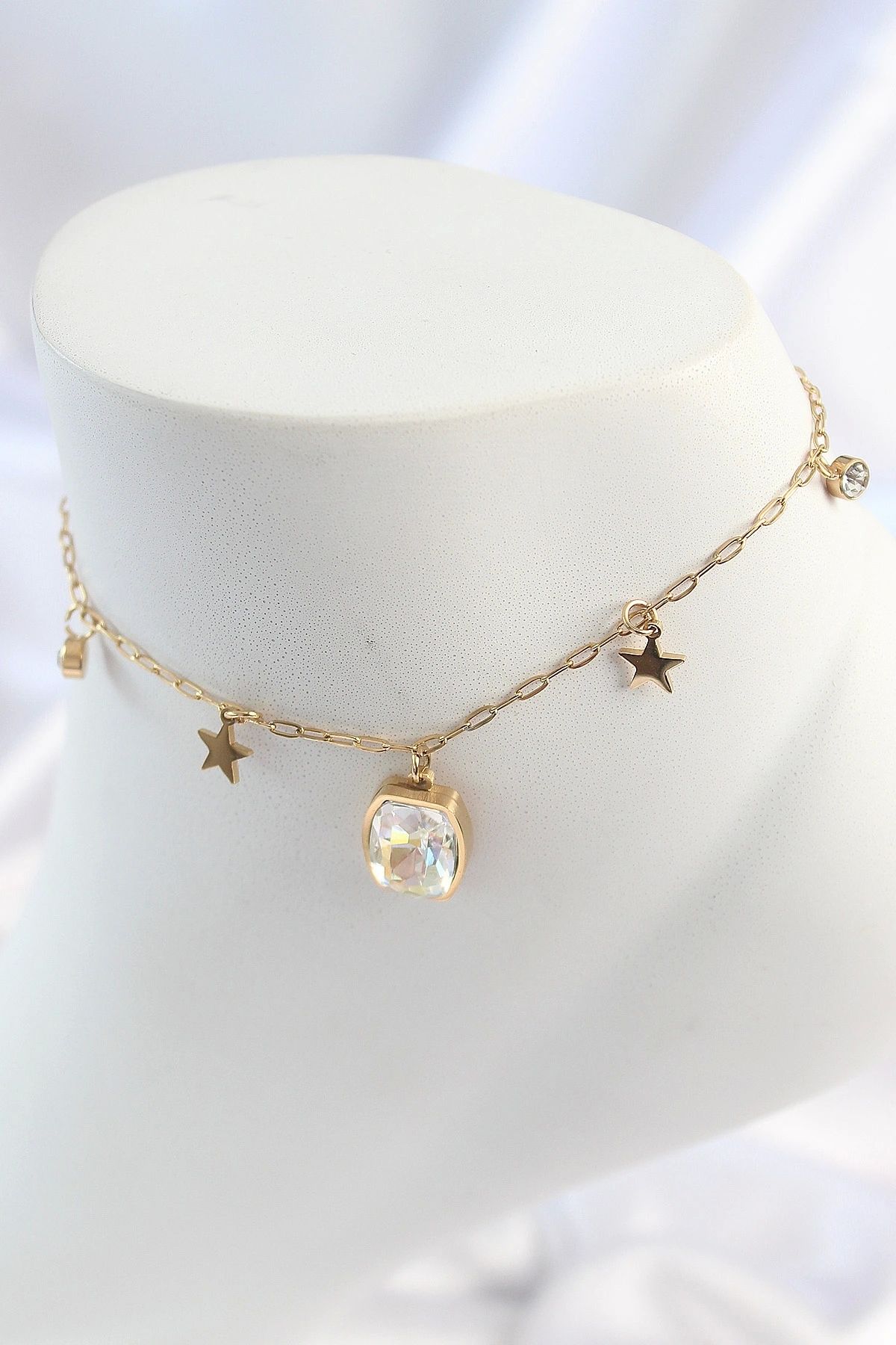 shopwave 316L Çelik Gold Renk Sallantı Kare Zirkon Taş Figür Yıldız Detay Kadın Halhal