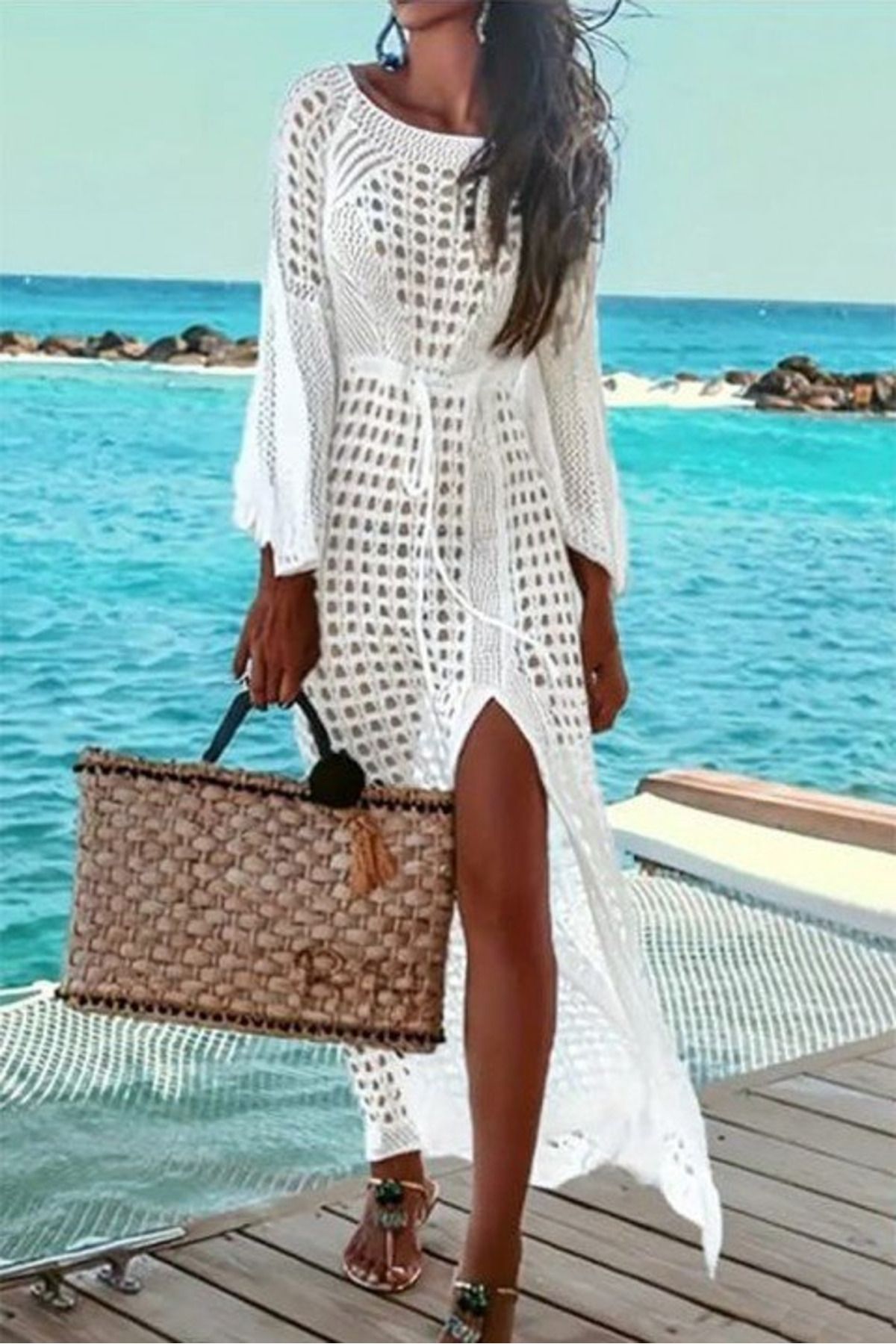 TUA MODA TUA MODA Kadın Yarasa Kol Triko Maxi Boy Pareo