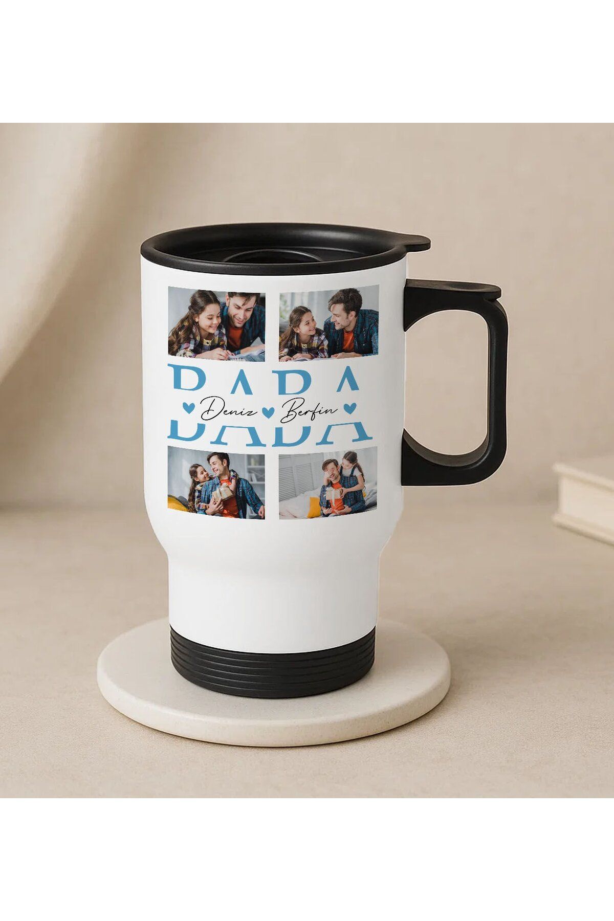 Bk Gift Kişiye Özel Fotoğraflı Babalar Günü Tasarımlı Kulplu Beyaz Çelik Bardak Termos Mug 450ml-6,