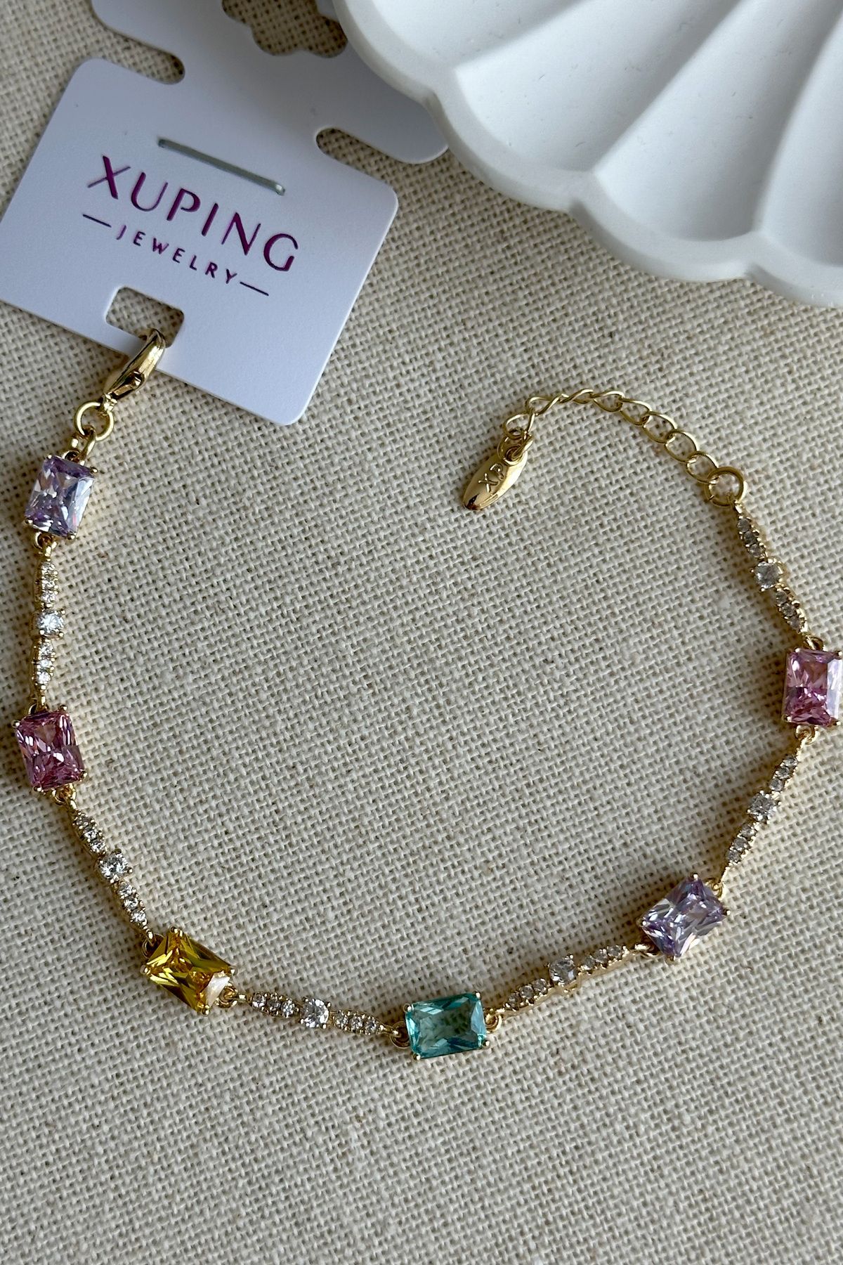 Modacaprea Xuping 14K Dikdörtgen Renkli Taşlı Su Yolu Kadın Bileklik 16+2 cm | Altın Renk Kararmaz Xuping Takı