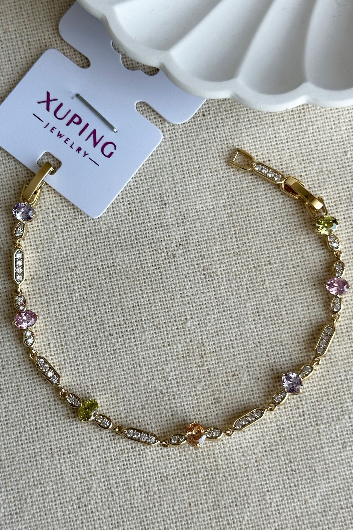 Modacaprea Xuping 14K Oval Renkli Taşlı Su Yolu Kadın Bileklik 15+2 cm | Altın Renk Kararmaz Xuping Takı