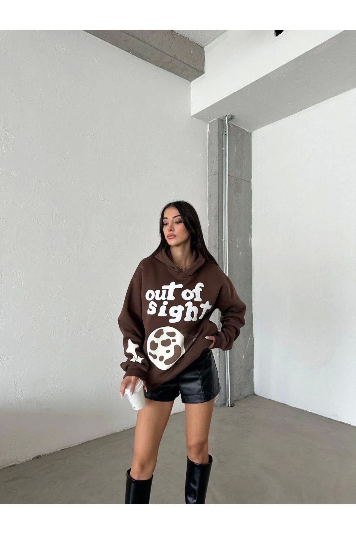 KAZAX 3 iplik şardonlu oversize compact out of baskılı sweat kahve