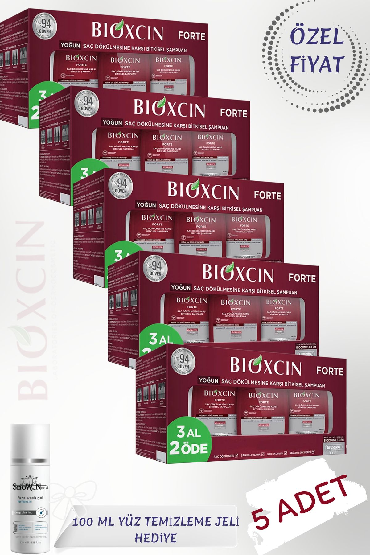 Bioxcin Forte 3x300 Ml (5 ADET) Saç Dökülmesine Karşı Şampuan + 100 Ml Yüz Temizleme Jeli HEDİYE