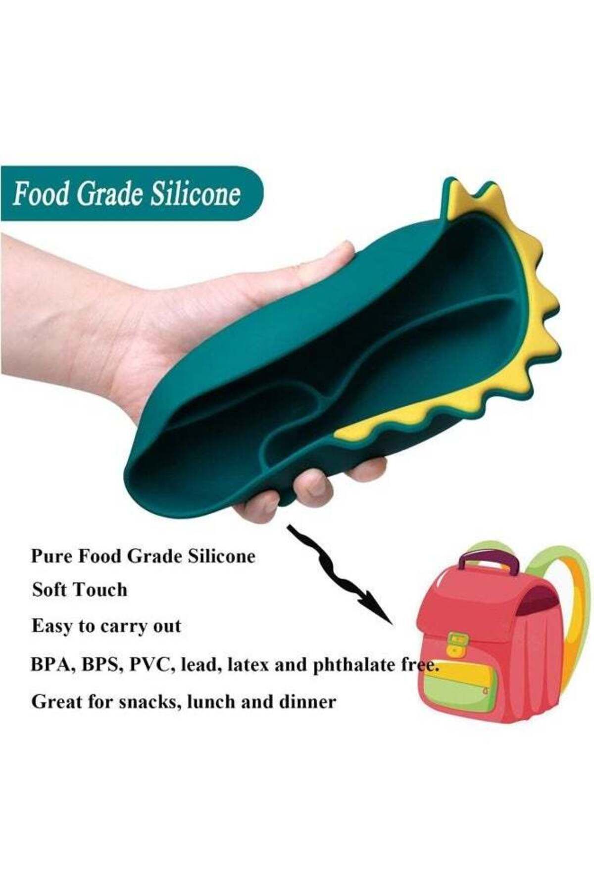 COOYA-3 Pcs Baby Feeding Bowl Spoon Fork Set, Cartoon Dinosaur Silicone Suction Divided Plate 4