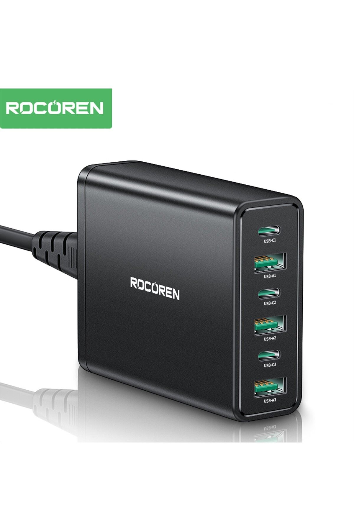 Rocoren 60W 3*Type-C ve 3*USB-A 6 Portlu Şarj Cihazı Masaüstü Şarj İstasyonu
