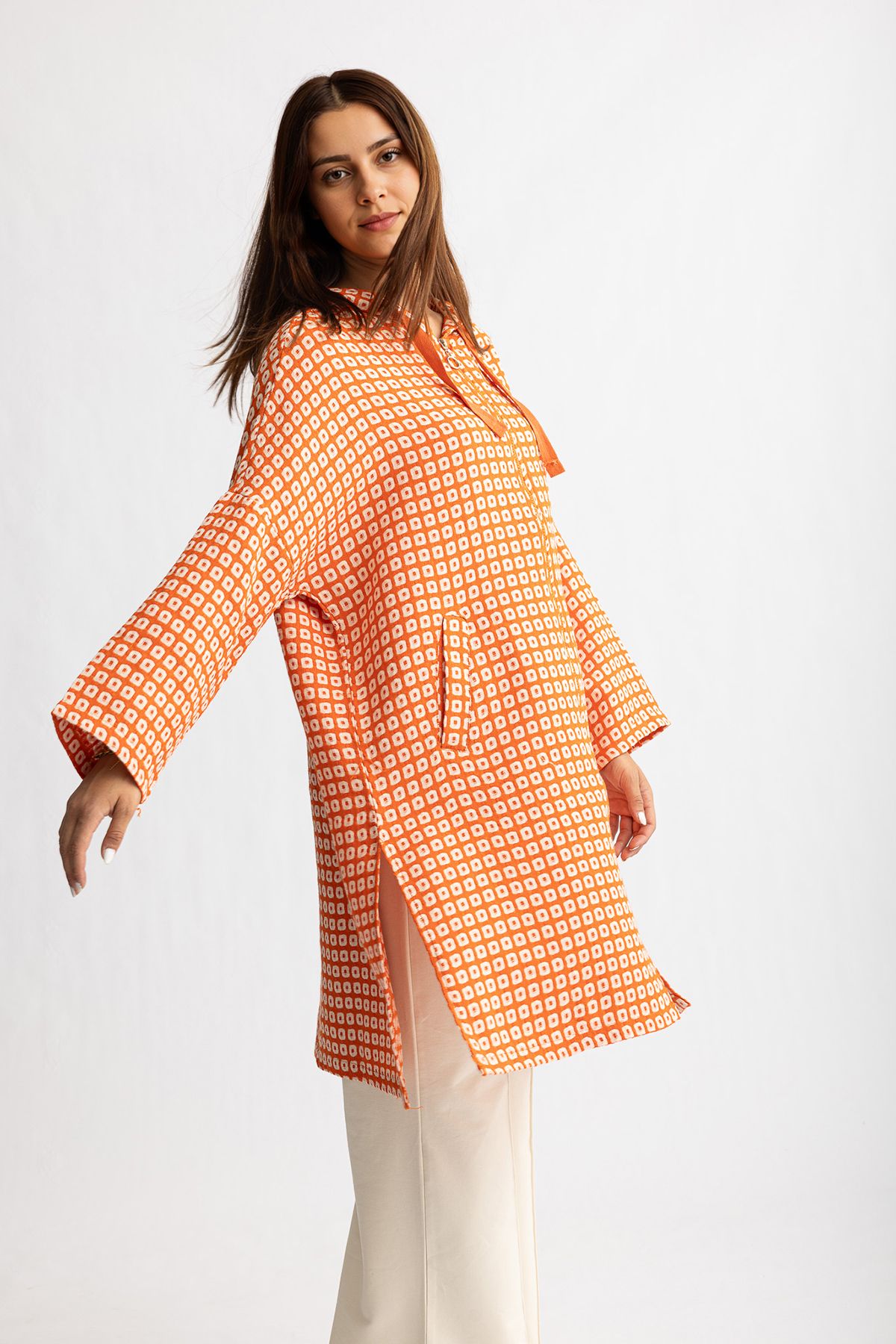 Suede Style 1819 Rahat Şık Kadın Dokuma Kapüşonlu Fermuarlı Tunik