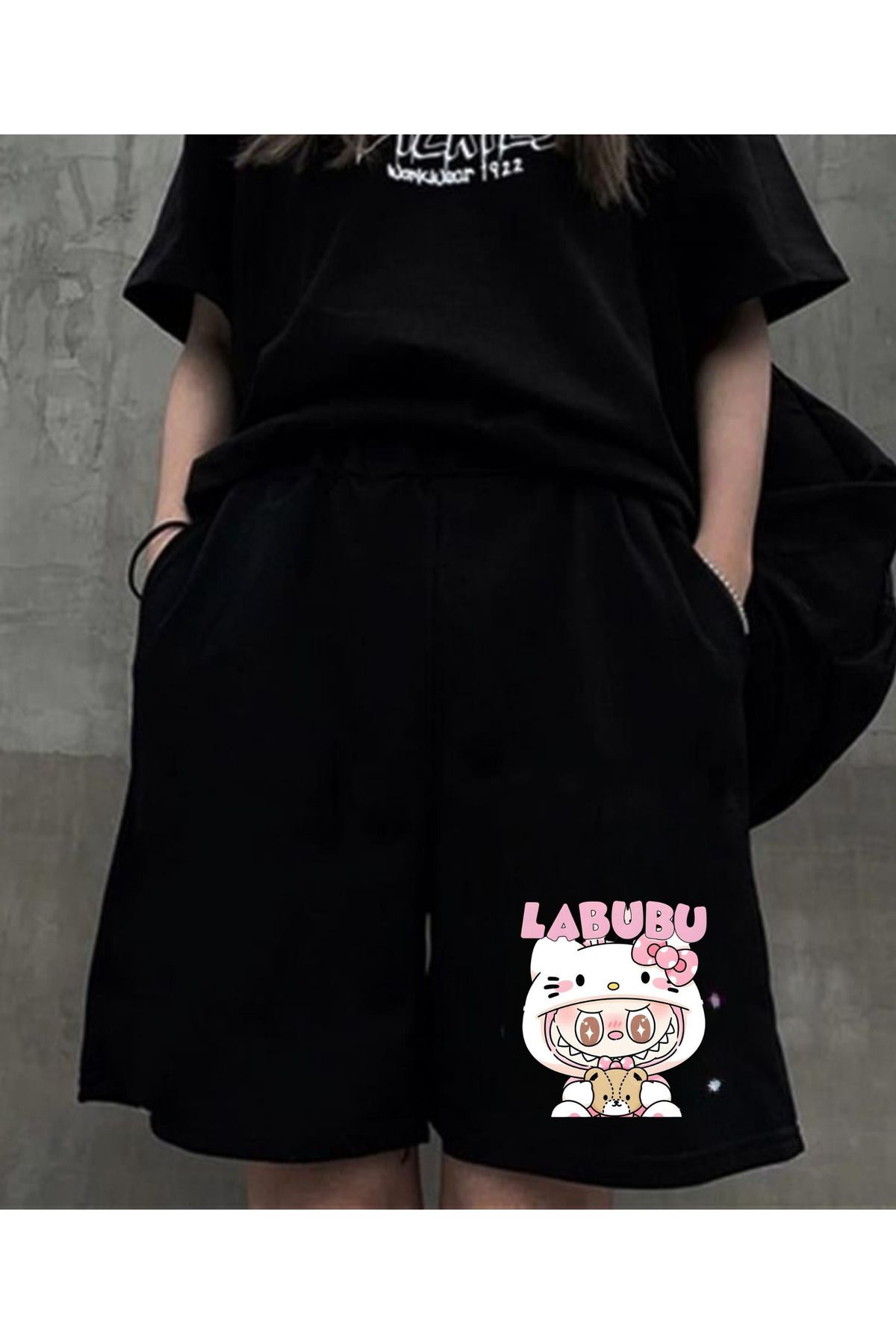 Touz Moda Labubu Baskılı Siyah Unisex Penye Şort