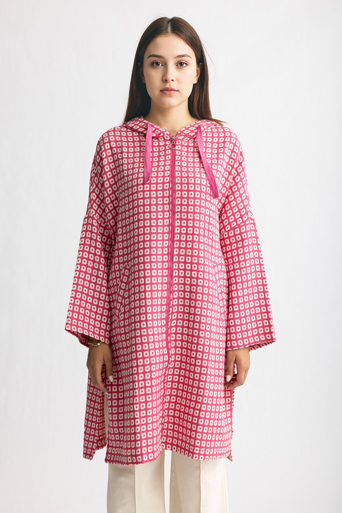 Suede Style 1819 Rahat Şık Kadın Dokuma Kapüşonlu Fermuarlı Tunik