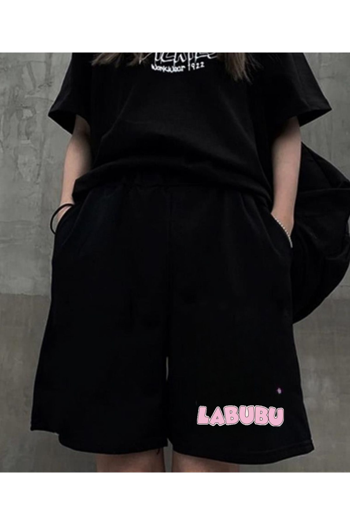 Touz Moda Labubu Yazı Baskılı Siyah Unisex Penye Şort